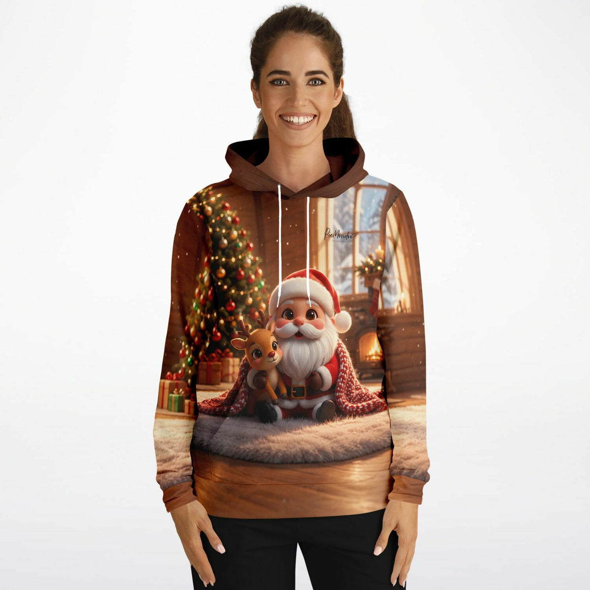 Kuschliger Dreamer Hoodie mit Weihnachtsmotiv: Weihnachtsmann und Rentier vor Tannenbaum im Diamond Painting Design