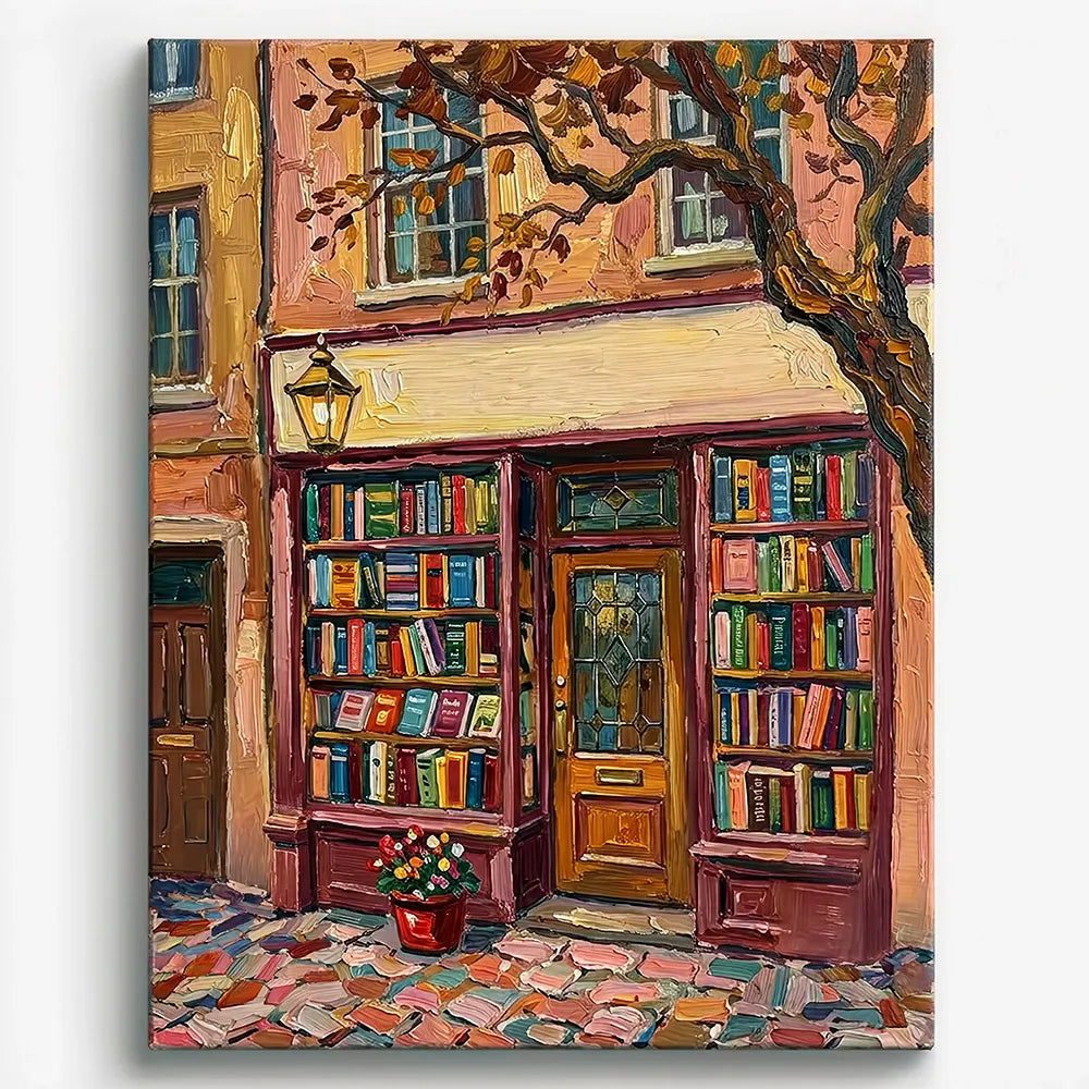 Malen nach Zahlen für Erwachsene Motiv Wo Geschichten wohnen mit gemütlichem Buchladen in herbstlichen Farben