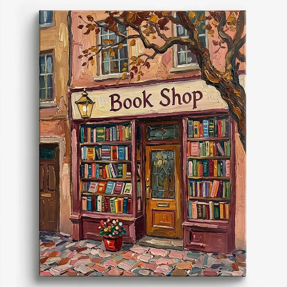 Malen nach Zahlen für Erwachsene Motiv: Antiquariat Buchhandlung mit bunten Bücherregalen und Baum in warmen Farben