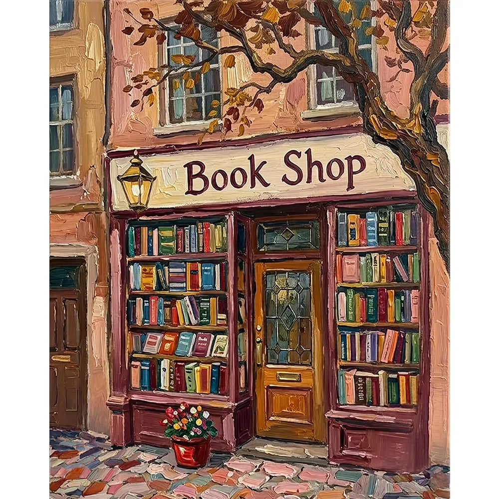 Malen nach Zahlen für Erwachsene Motiv Buchhandlung mit vielen bunten Büchern und rosa Hauswand als entspannendes DIY-Set