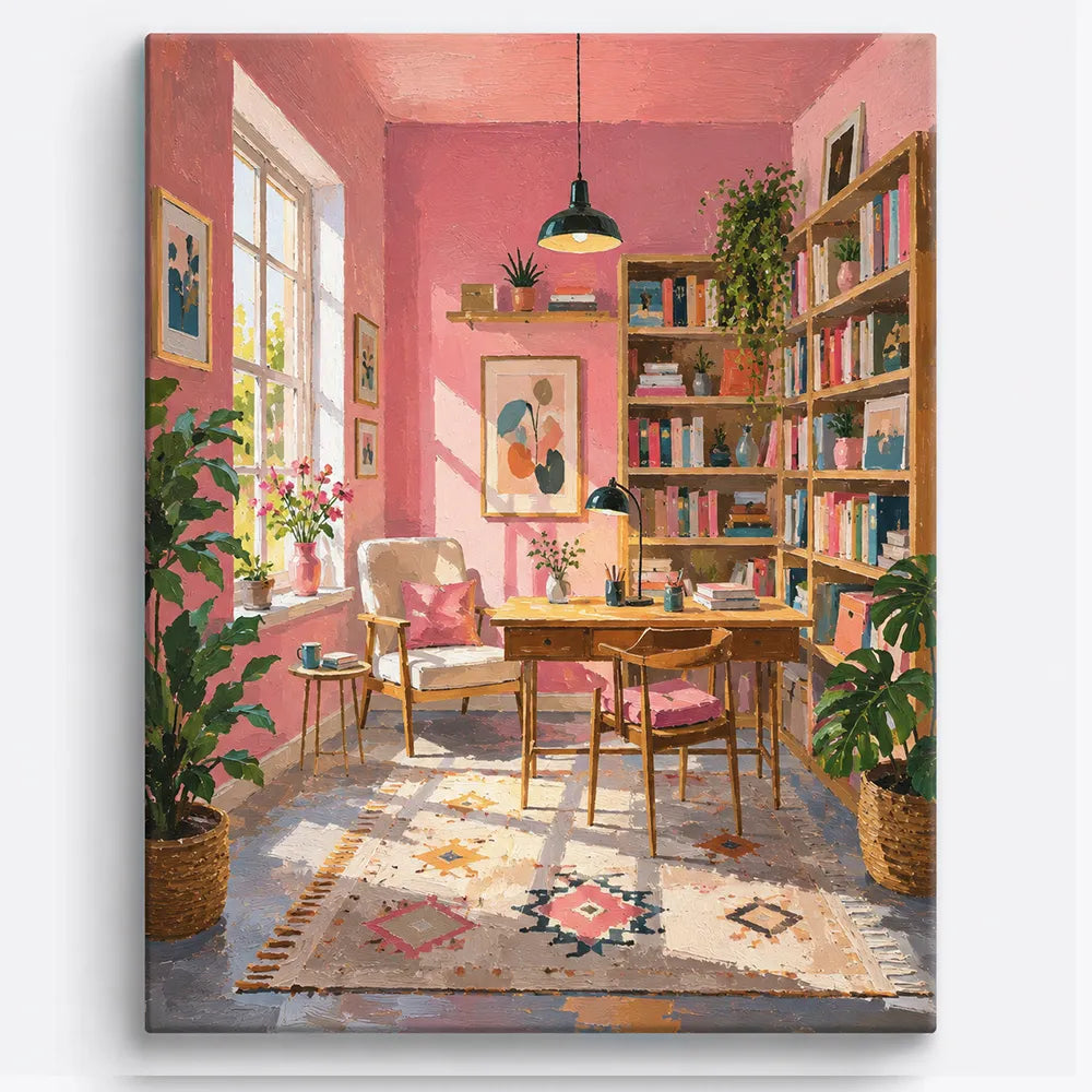 Malen nach Zahlen für Erwachsene Motiv: Gemütliches, sonnendurchflutetes Lesezimmer in Rosa mit Bücherregal und Pflanzen.