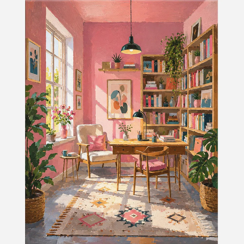 Malen nach Zahlen für Erwachsene Motiv Raum für Träume: Ein gemütliches, sonnendurchflutetes Zimmer mit Büchern und Pflanzen.