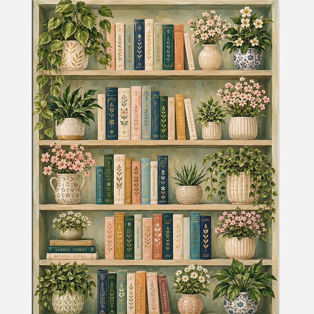 Malen nach Zahlen für Erwachsene Motiv Bücherregal mit pastellfarbenen Büchern, Pflanzen und Blumen in dekorativen Vasen