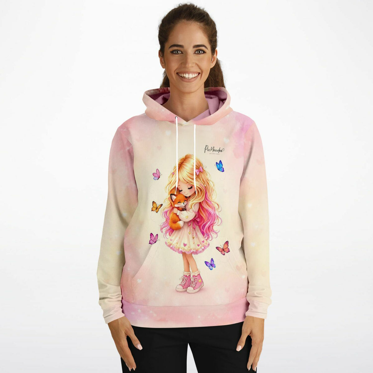 Dreamer Hoodie Geborgenheit mit süßer Illustration von Mädchen, Fuchs und Schmetterlingen im Picmondoo Kunst-Stil