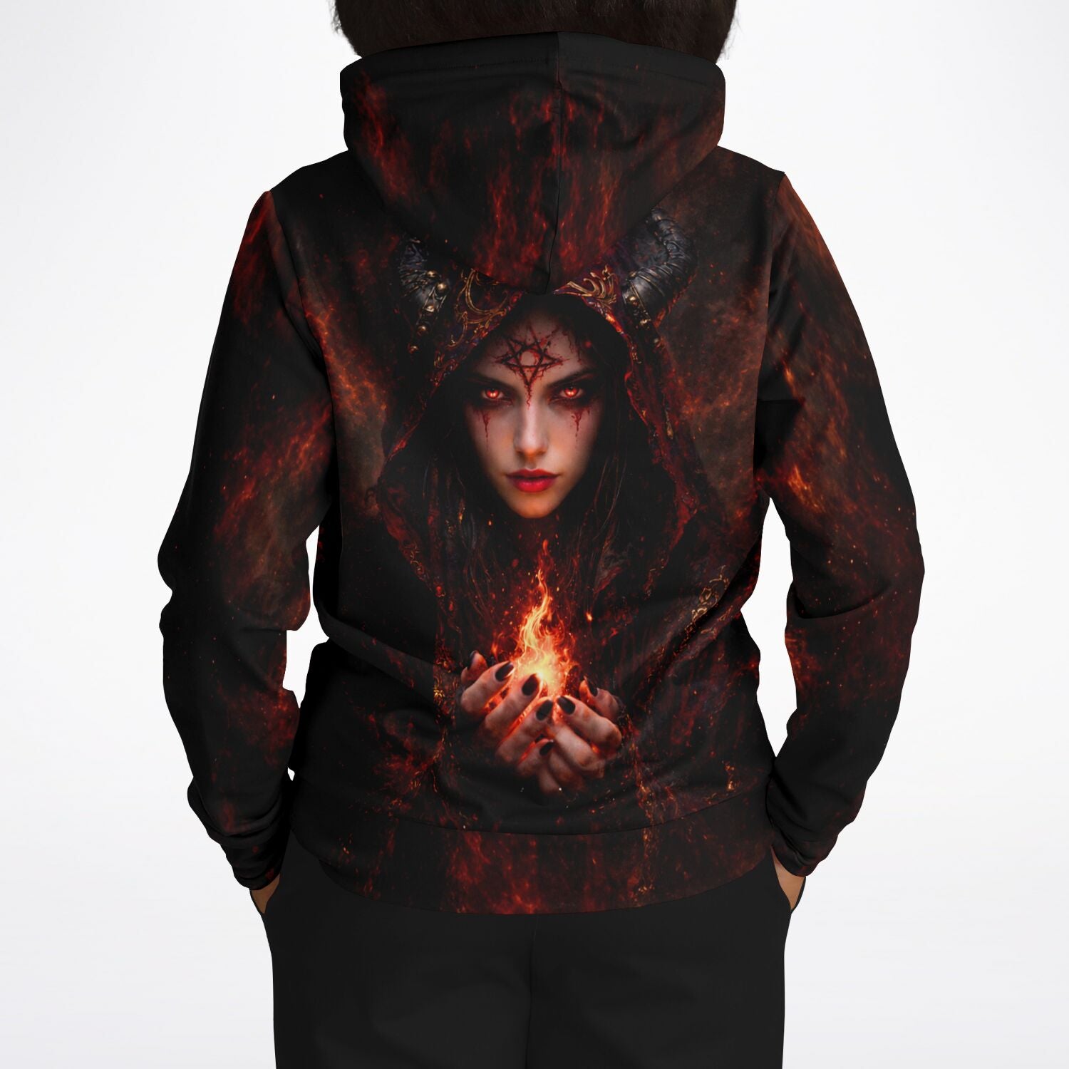 Schwarzer Hoodie mit Lilith-Motiv und Flammen-Design, perfekt für Fans von Diamond Painting und Kunst bei Picmondoo.