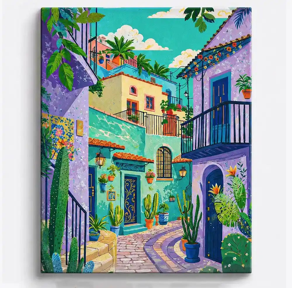 Malen nach Zahlen Erwachsene: Farben des Südens, mediterrane Gasse mit bunten Häusern und Kakteen