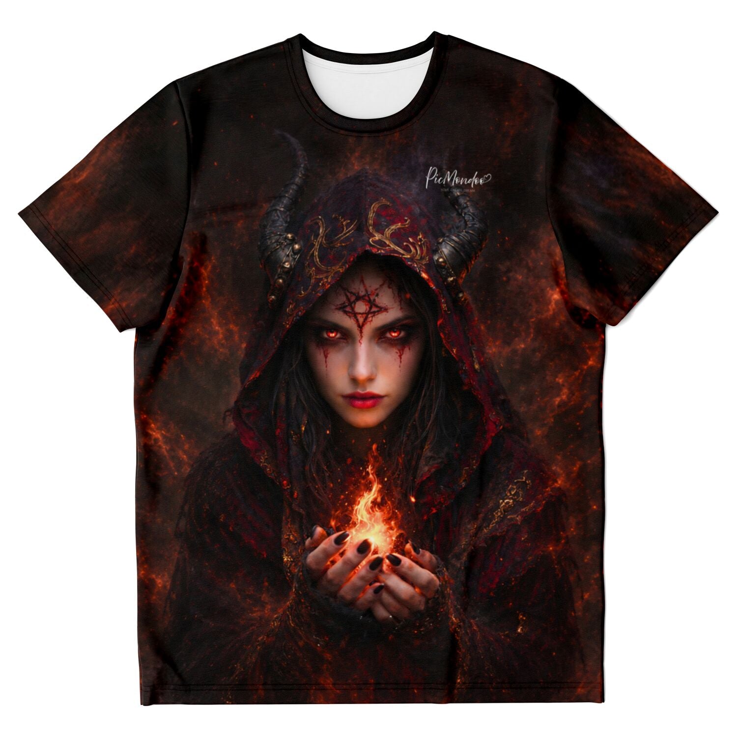 Schwarzes T-Shirt Lilith Motiv mit brennenden Flammen, perfekt als Inspiration für Diamond Painting oder Malen nach Zahlen