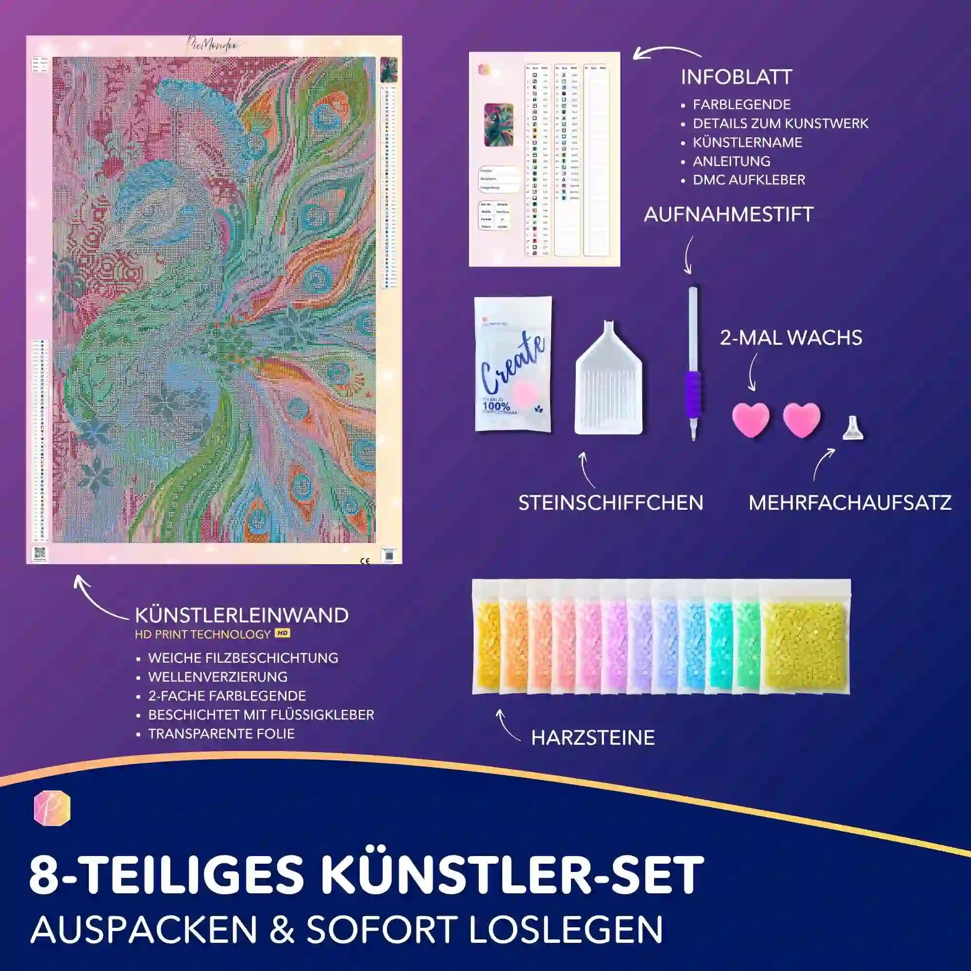 Diamond Painting Set Majestät der Farben: Pfauen-Motiv mit buntem Federkleid, Leinwand, Harzsteinen und Zubehör.