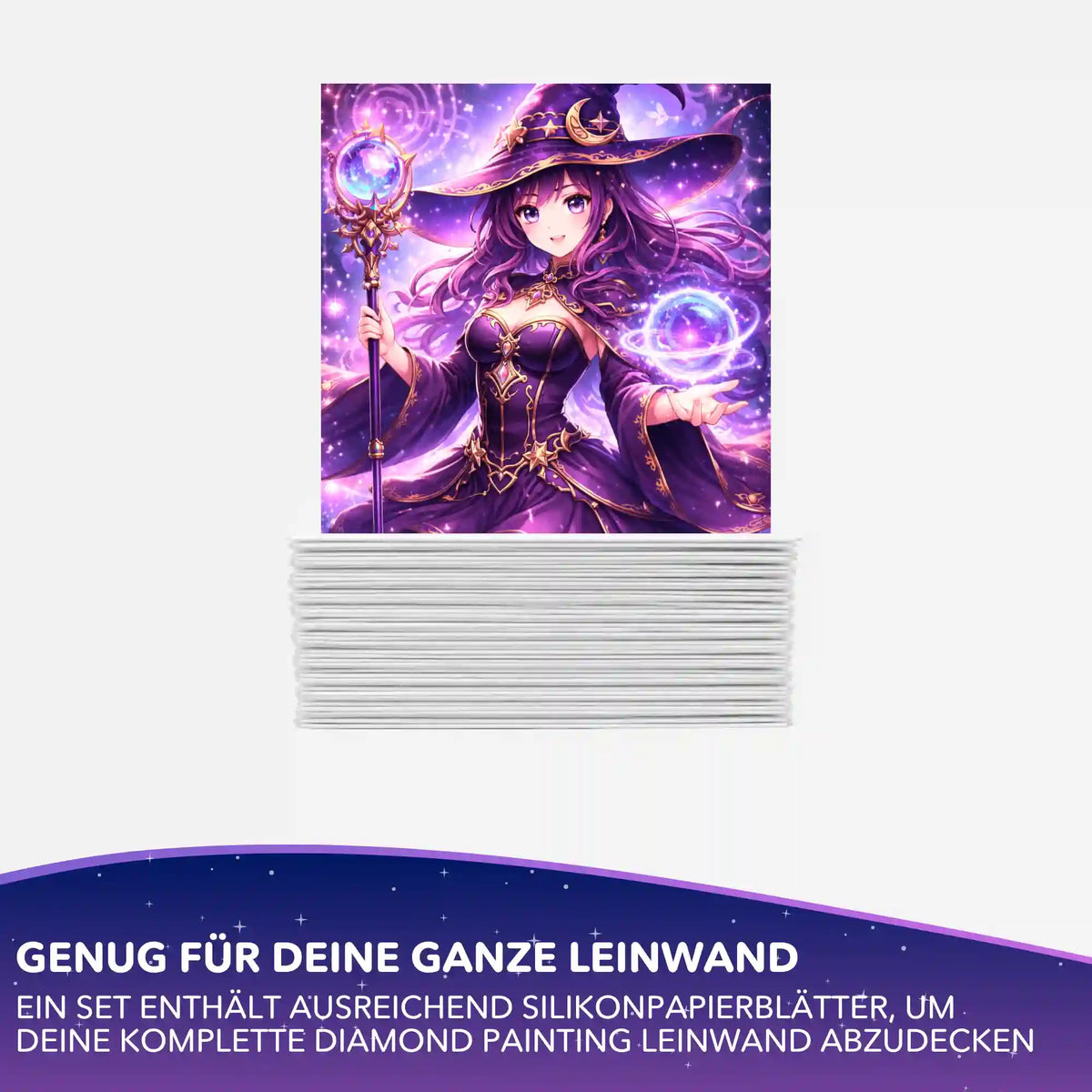 Silikonpapier-Set Celestara für Diamond Painting: Stapel Abdeckpapier mit lila Anime-Hexe