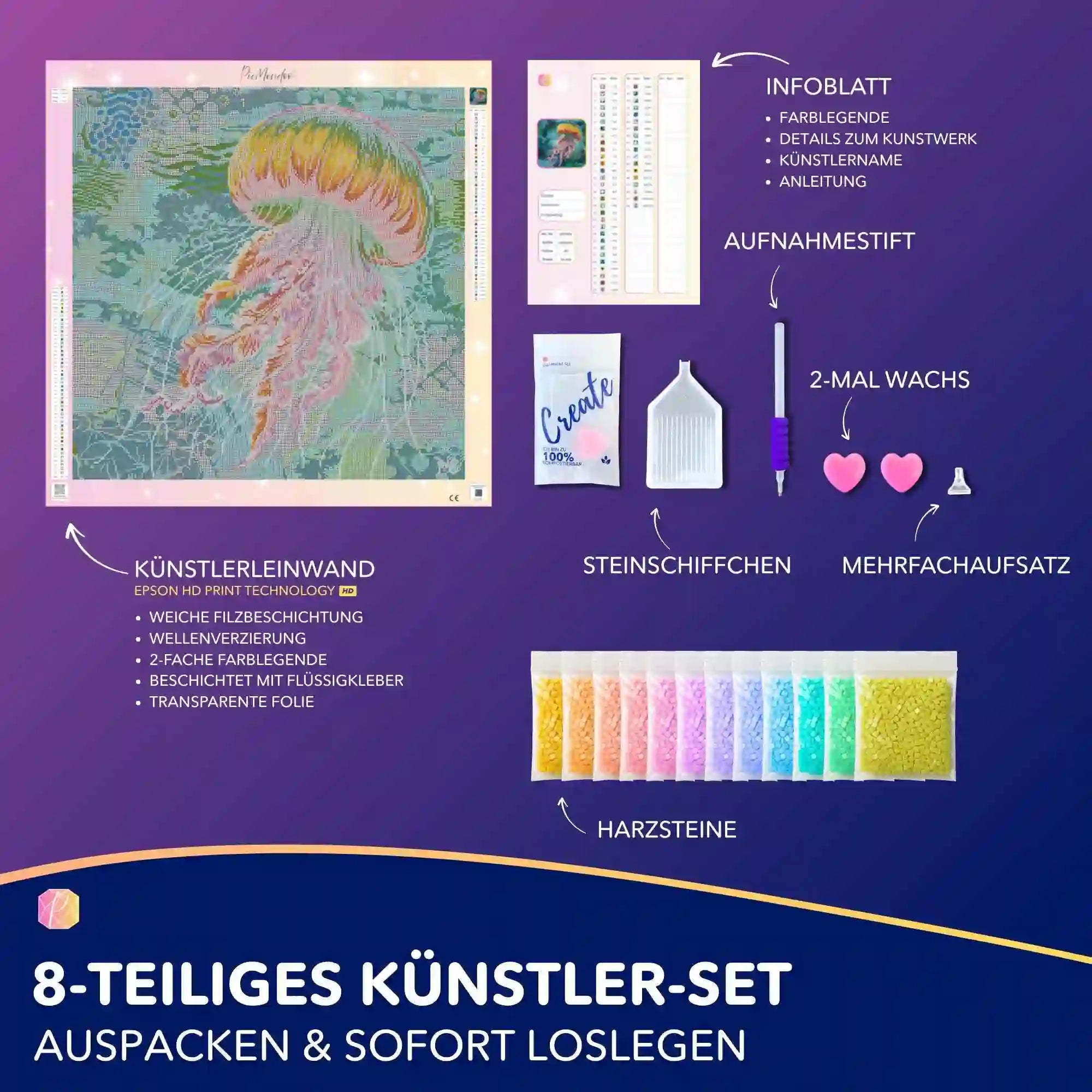 Diamond Painting Set Medusa Solaris mit bunter Qualle-Leinwand, Harzsteinen, Stift und Zubehör für DIY-Kunstwerke.