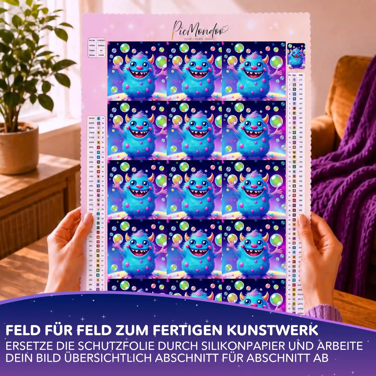 Diamond Painting Silikonpapier Set Happy mit blauem Monster-Motiv zur Einteilung der Leinwand