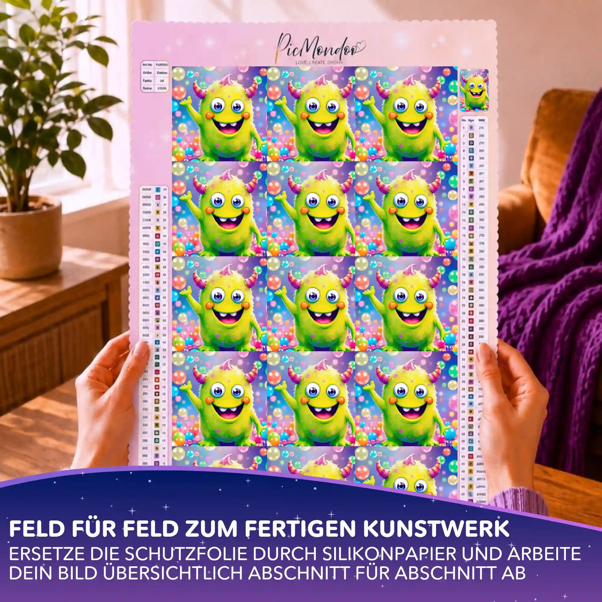 Diamond Painting Silikonpapier-Set mit buntem Monster Seppel Motiv auf Leinwand