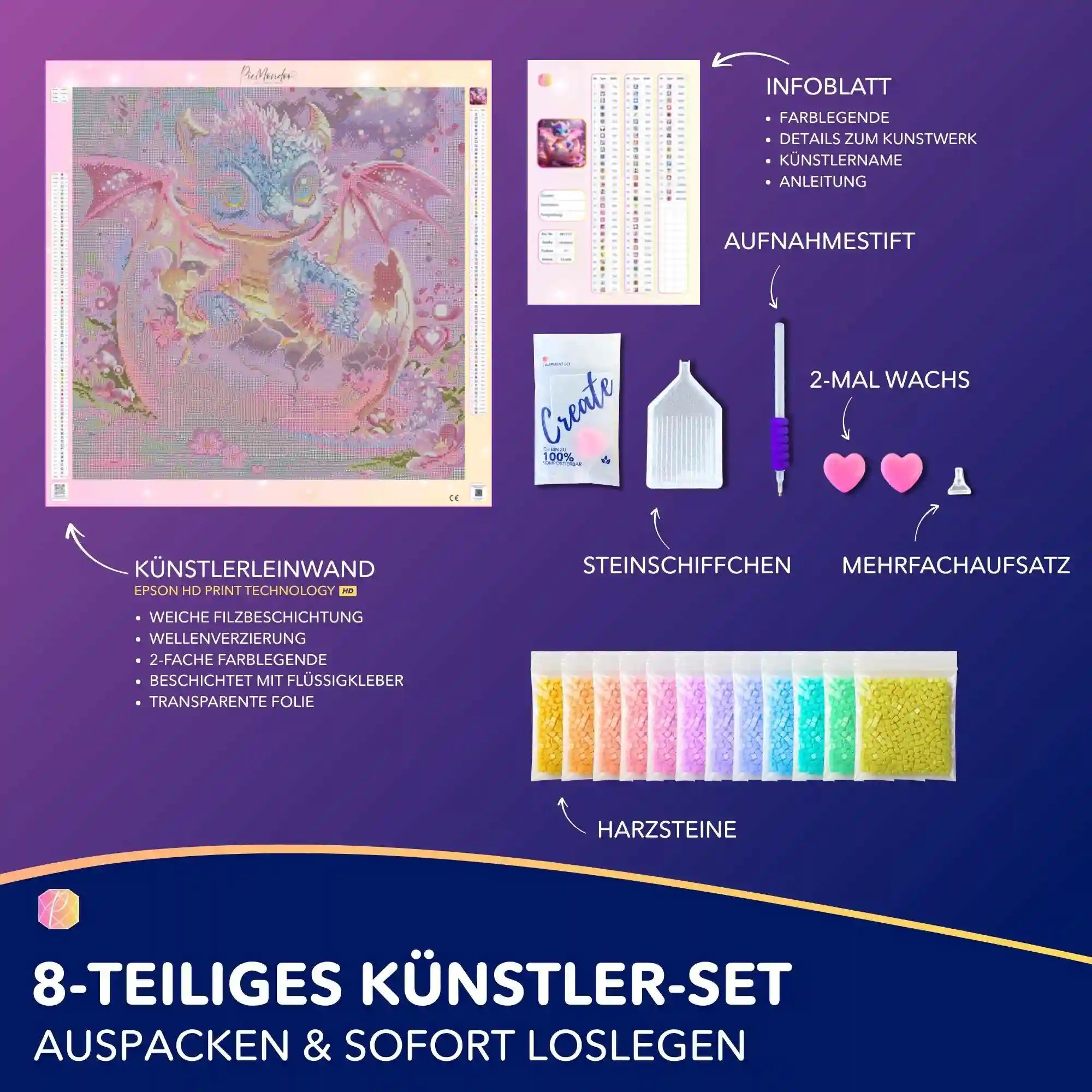 Diamond Painting Set Dragon Sunny mit süßem Drachen-Motiv, hochwertiger Leinwand, Harzsteinen und Zubehör für Erwachsene.
