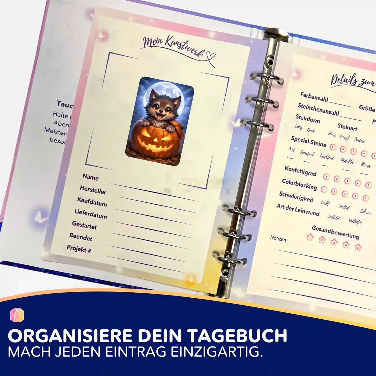 Diamond Painting Aufkleber Mondwolf im Kürbis in einem Planer zur Organisation von Malen nach Zahlen Projekten.