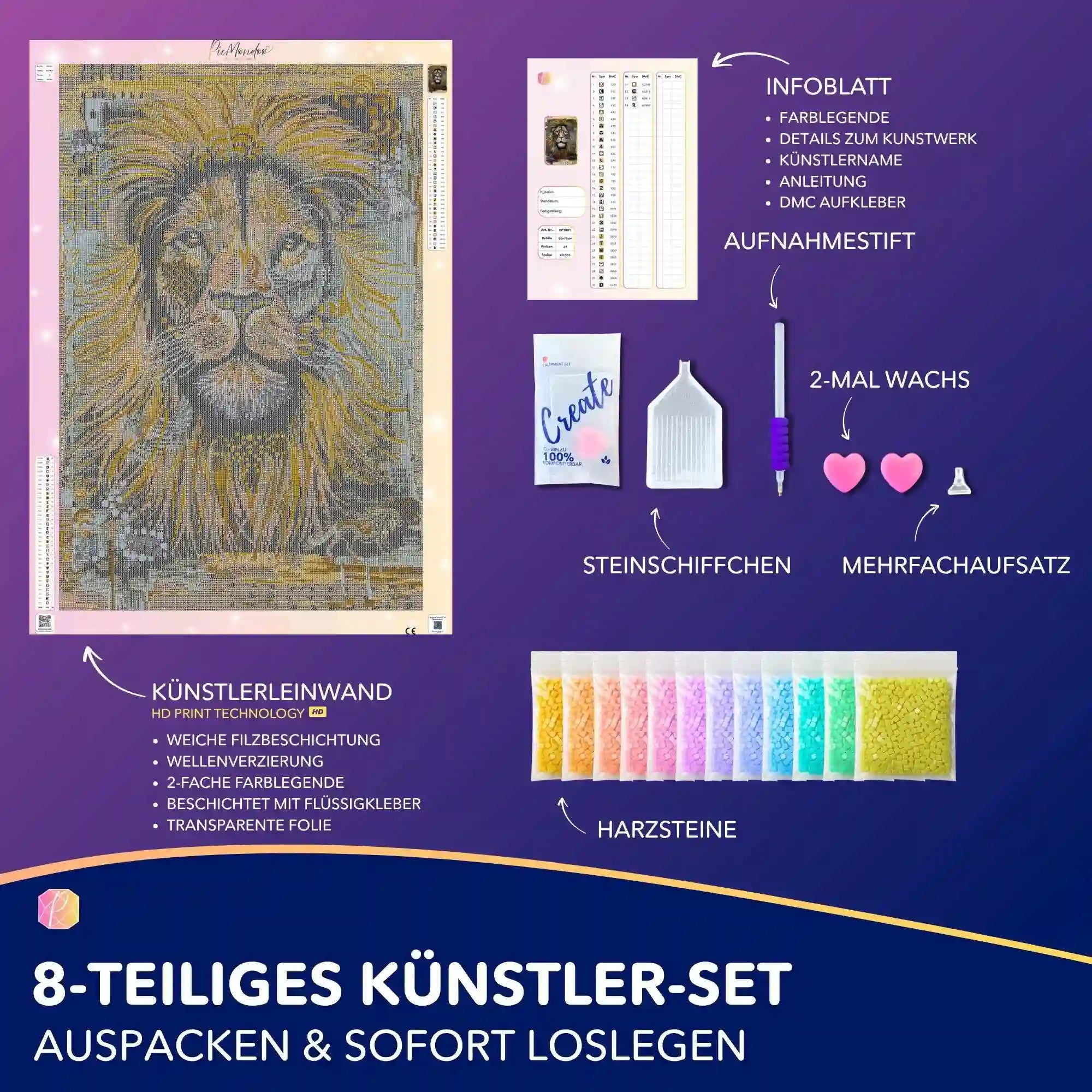 Diamond Painting Set Erbe des Feuers mit Löwen-Motiv, Zubehör und Harzsteinen für ein kreatives DIY-Erlebnis.