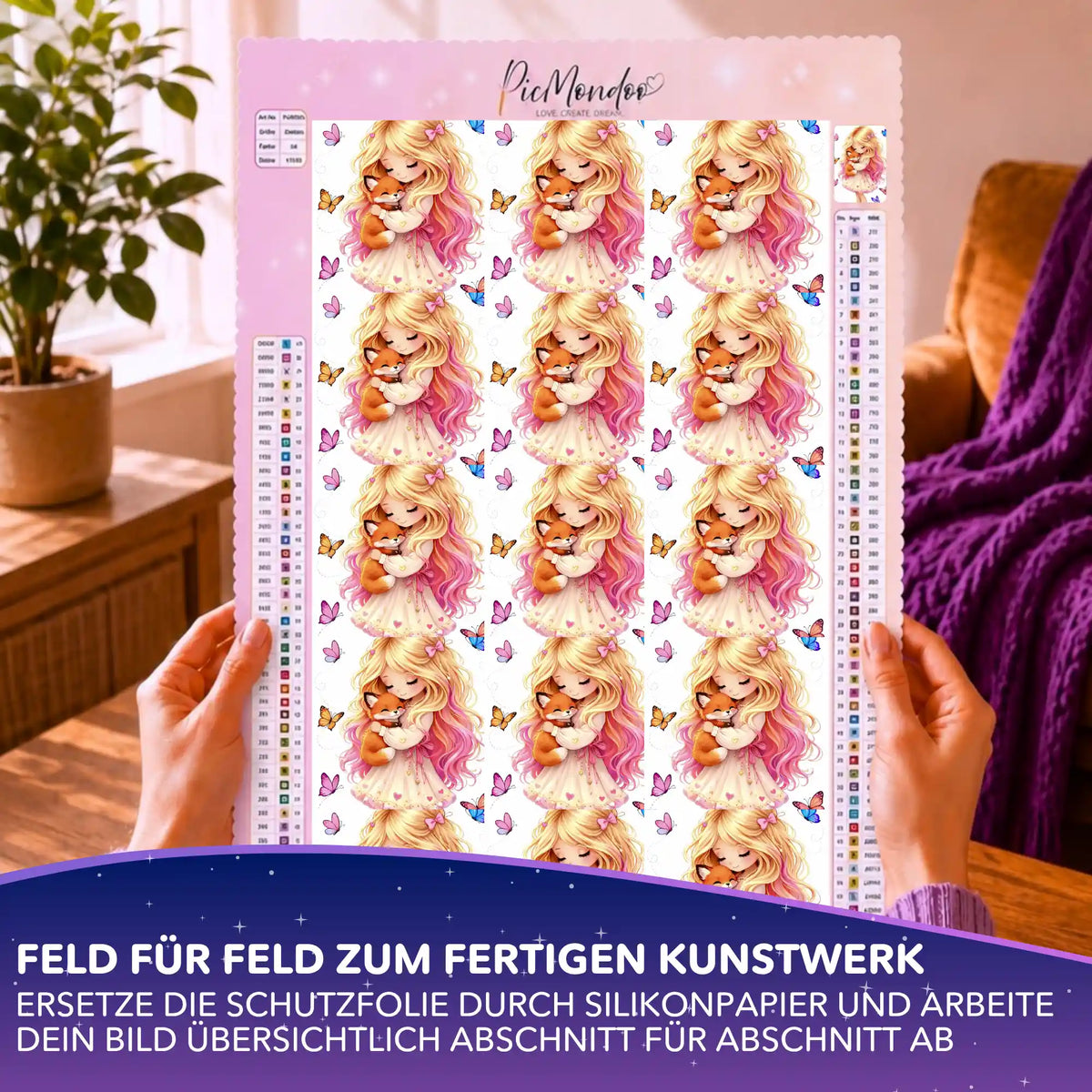 Silikonpapier-Set für Diamond Painting mit blondem Mädchen, das einen Fuchs umarmt, umgeben von bunten Schmetterlingen