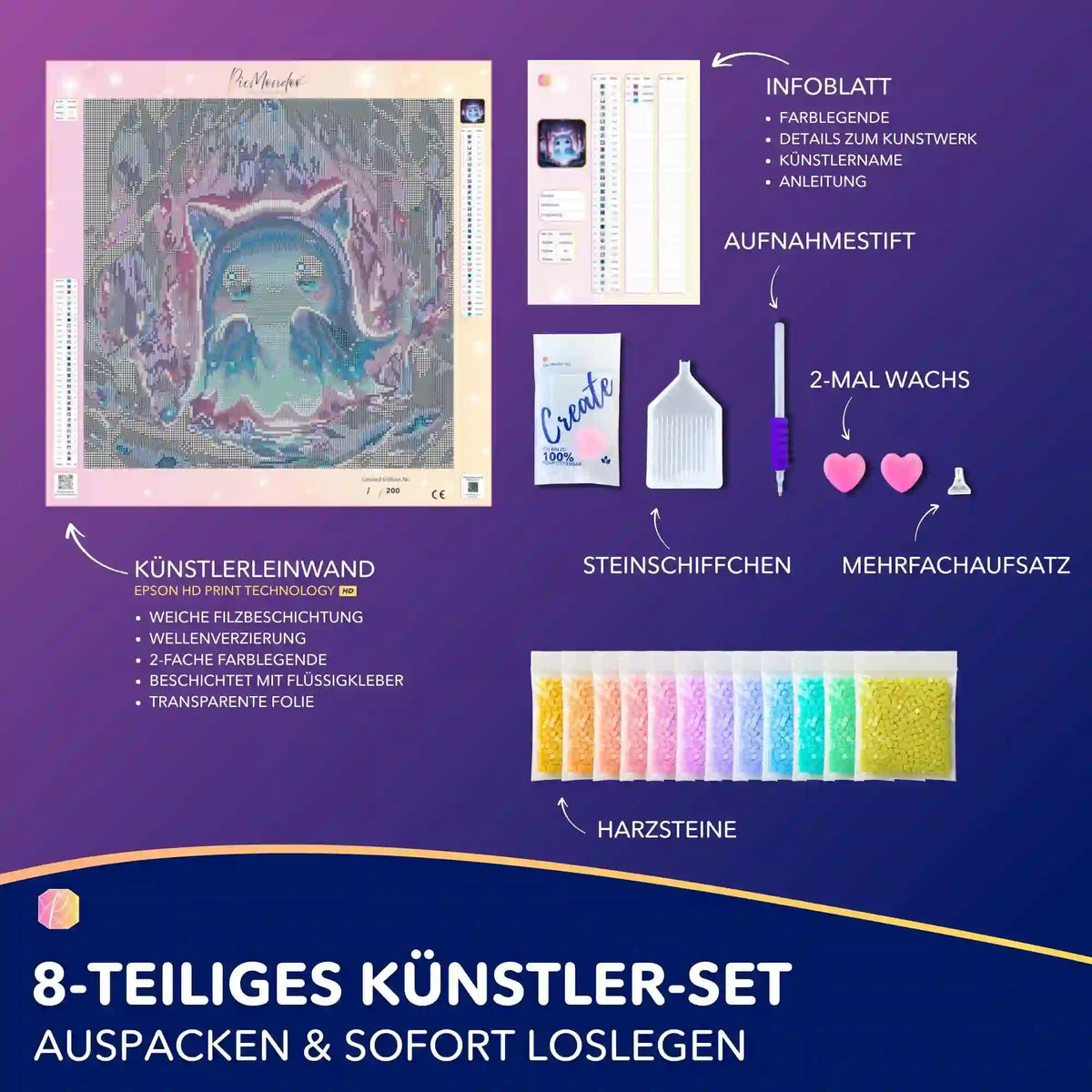 Diamond Painting Set Glowy mit süßer Geisterkatze, Leinwand, bunten Harzsteinen und Zubehör für DIY-Kunstwerke.