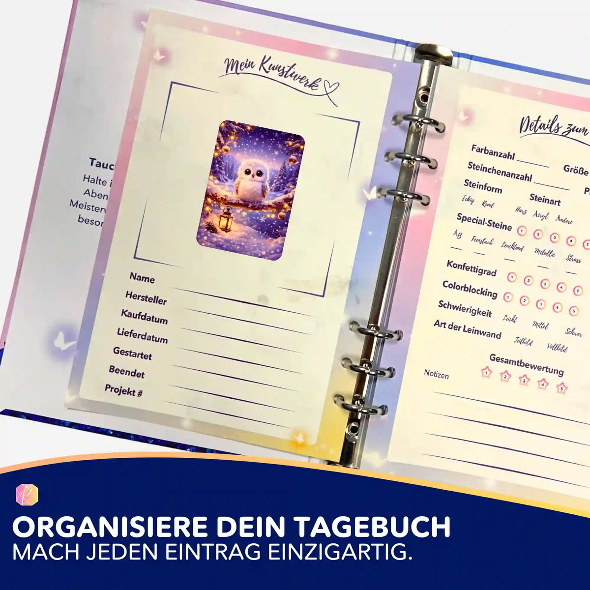 Picmondoo Sticker-Set für Diamond Painting Tagebuch mit süßem Eulen-Motiv zur Organisation deiner Kunstwerke