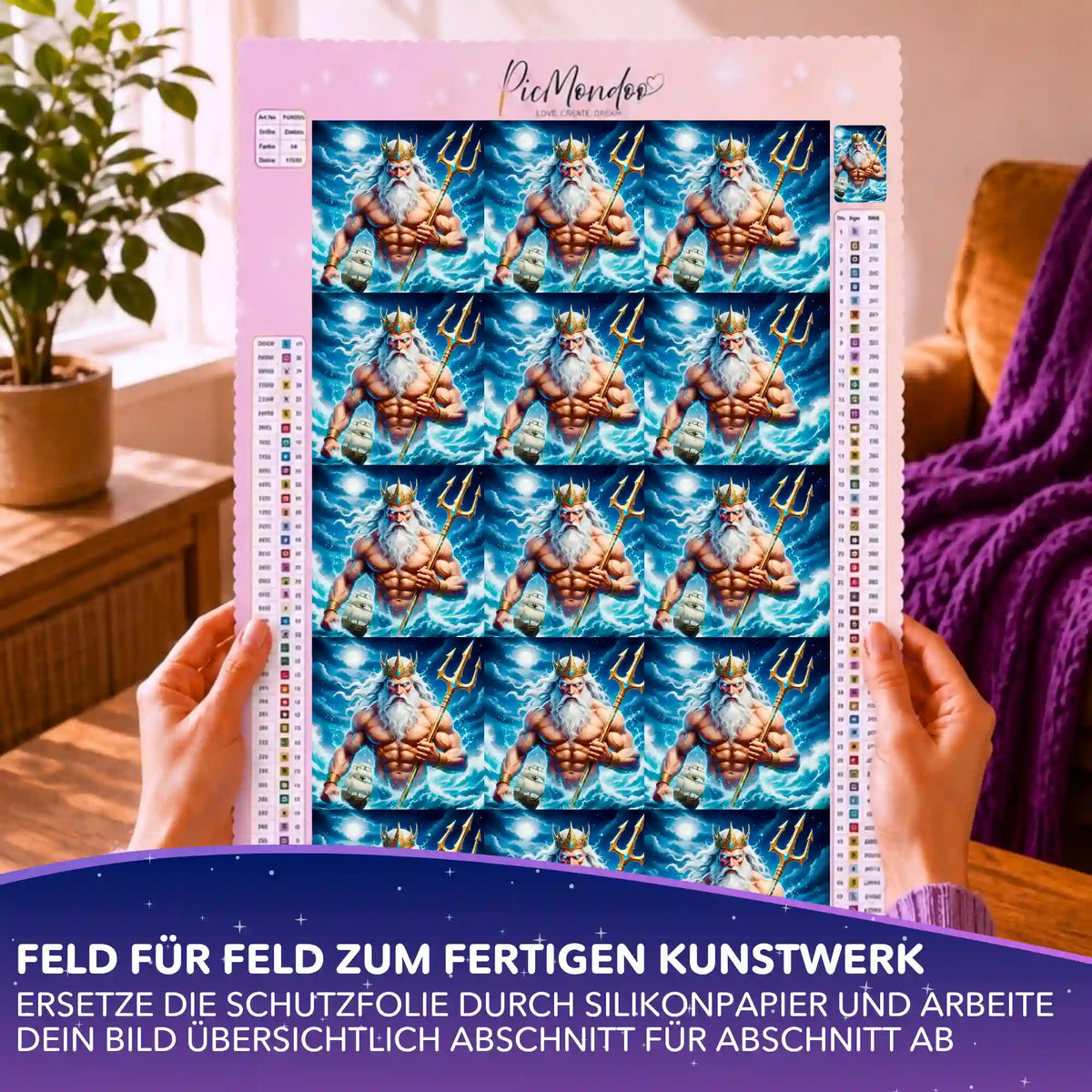 Silikonpapier-Set für Diamond Painting mit Poseidon-Motiv, Dreizack und Meereswellen, in Händen gehalten