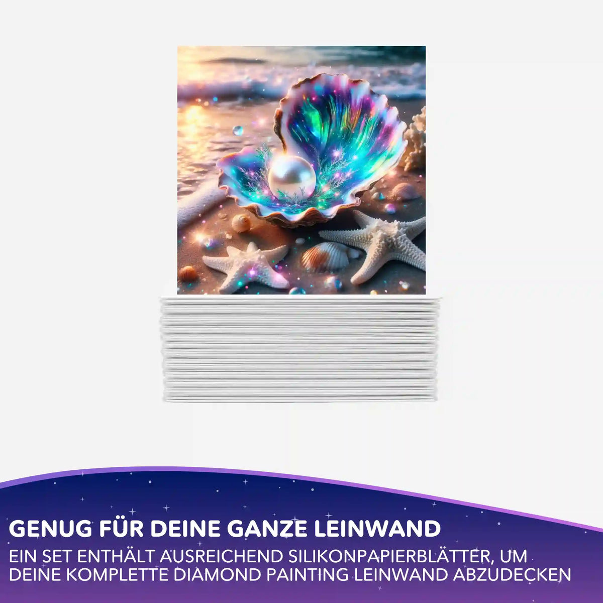 Silikonpapier-Set für Diamond Painting mit schimmernder Perle in Muschel am Strand