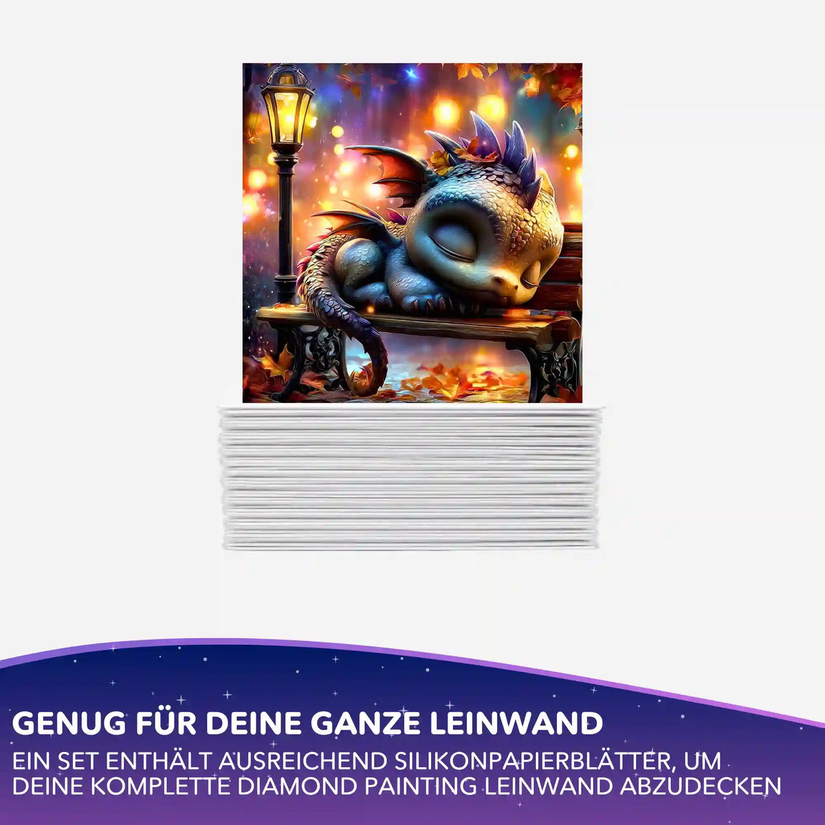 Diamond Painting Silikonpapier-Set Lumos Schlummer mit schlafendem Drachen und Papierstapel