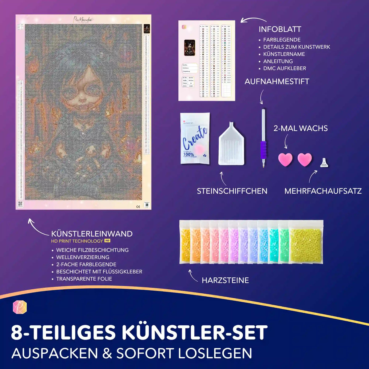 Diamond Painting Set Little Mistelchen: Leinwand mit Gothic-Mädchen, Harzsteinen, Stift und Zubehör für DIY-Kunst.
