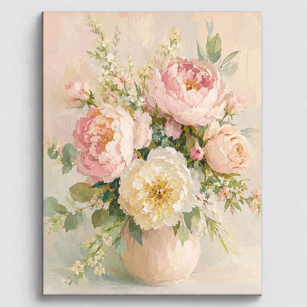 Malen nach Zahlen für Erwachsene Motiv mit rosa Pfingstrosen und Blumenstrauß in Keramikvase im zarten Pastellstil
