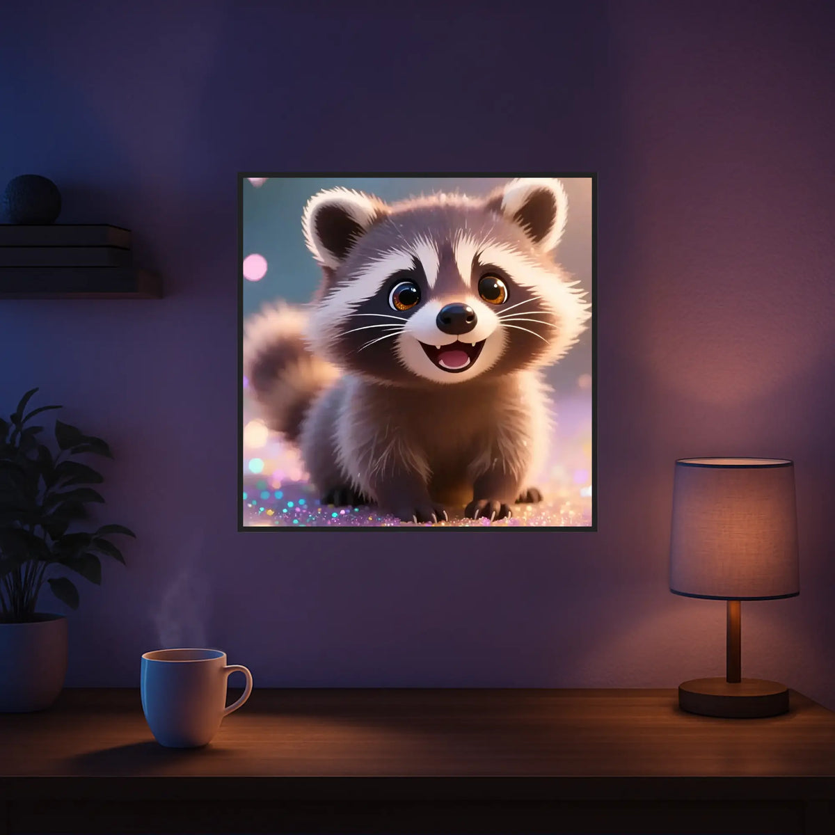 Diamond Painting Set mit süßem Waschbär-Motiv und funkelnden Glitzersteinen als niedliche Wanddekoration