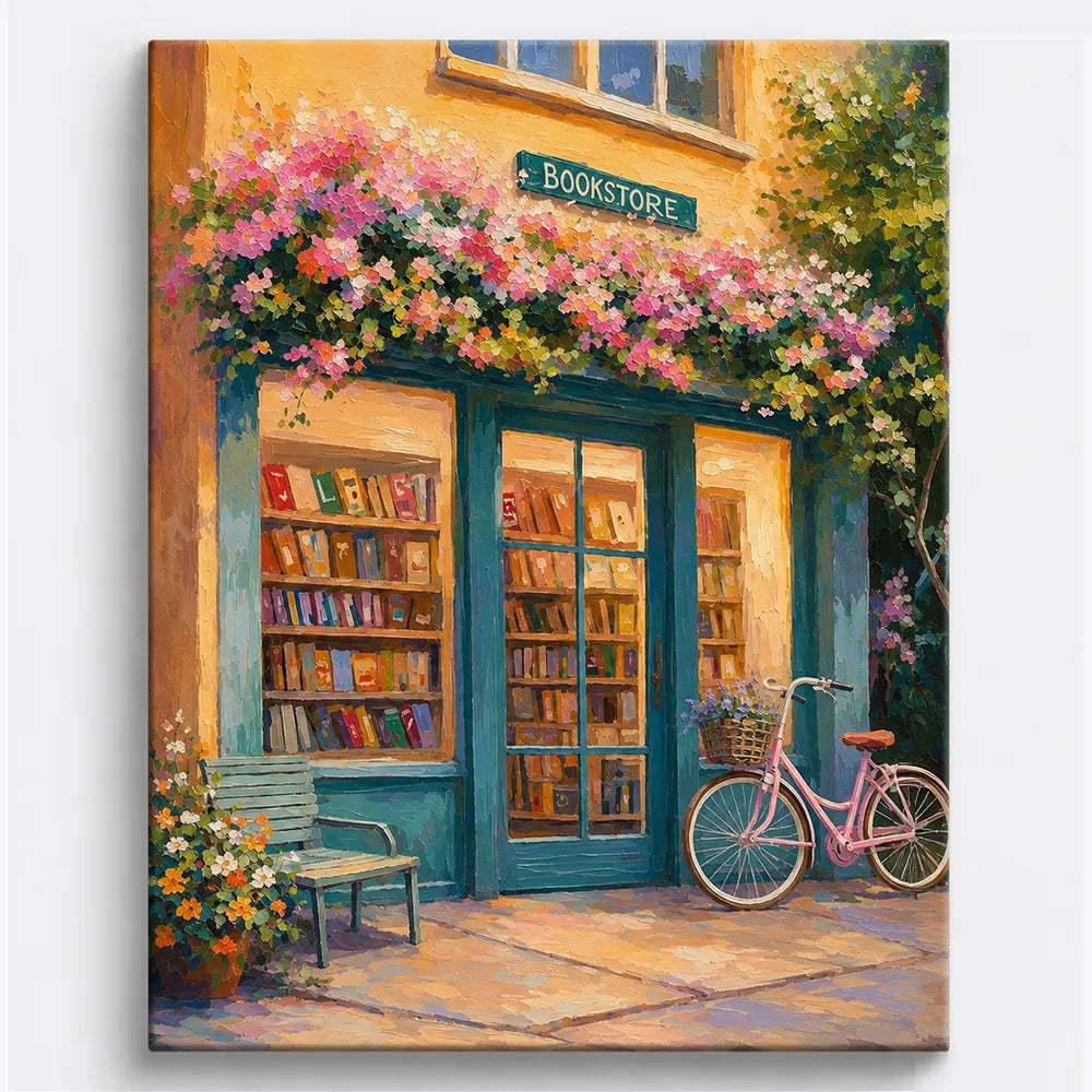 Malen nach Zahlen für Erwachsene Motiv Buchhandlung am Blütenweg mit Blumen, blauem Portal und rosafarbenem Fahrrad