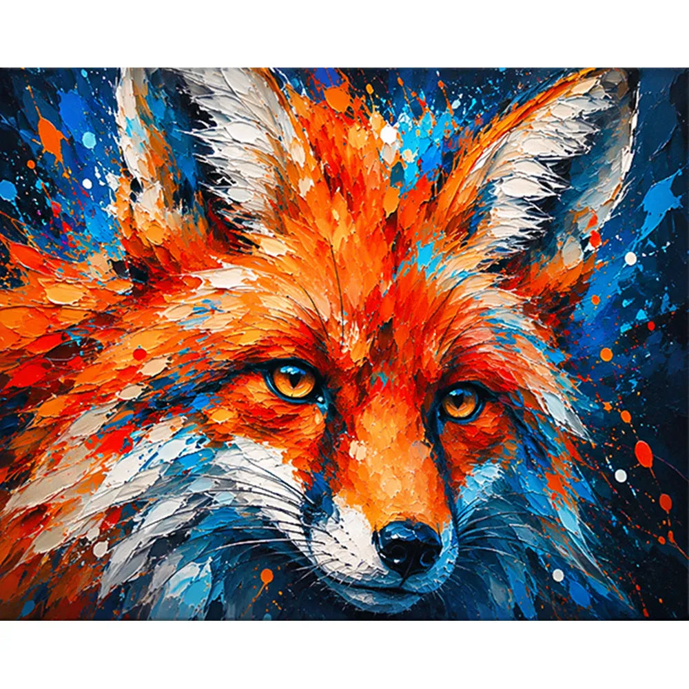 Malen nach Zahlen für Erwachsene: Feuerblick Fuchs mit abstrakten Farbklecksen in Orange und Blau auf Leinwand
