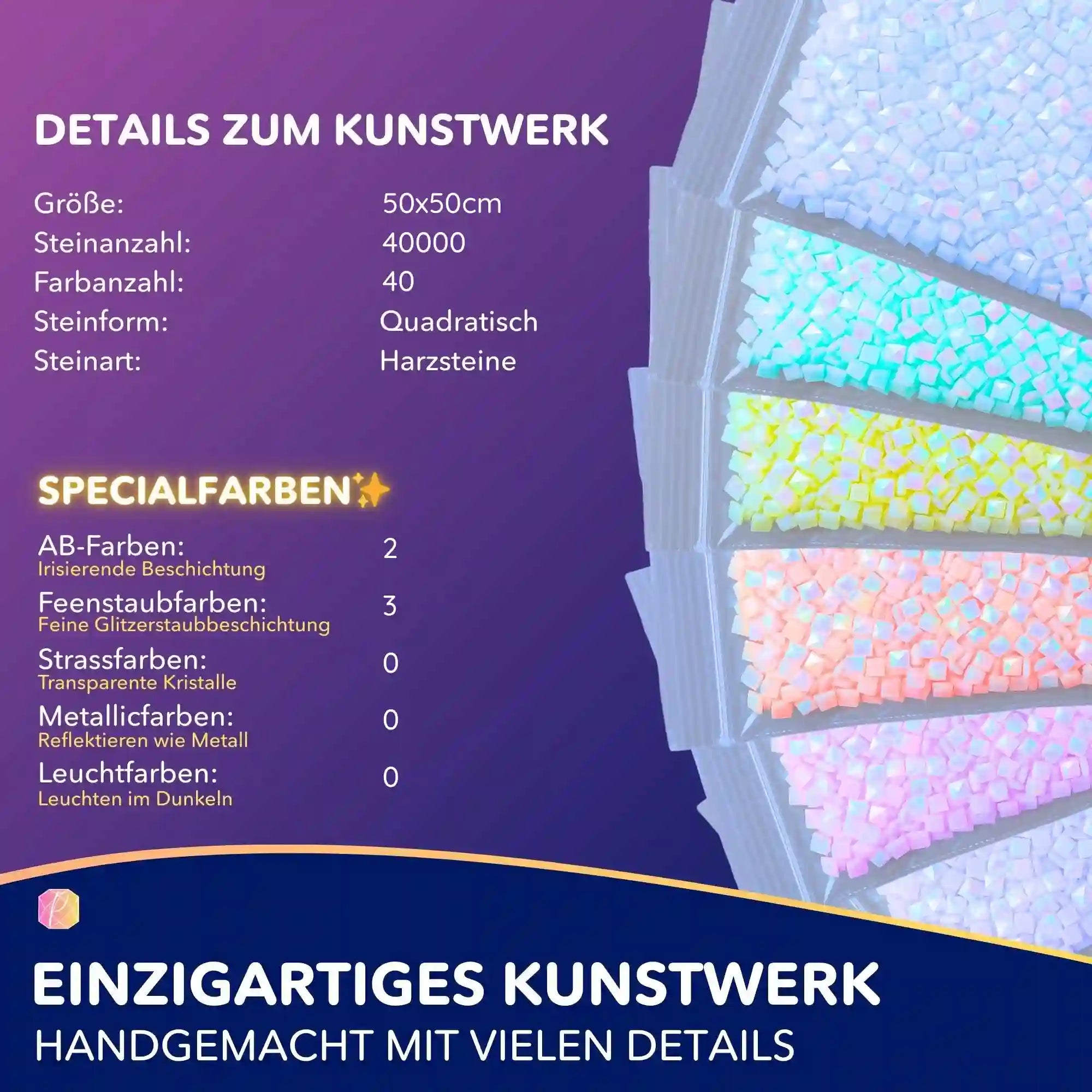 Diamond Painting Set Details mit quadratischen Steinen, 50x50cm Leinwandgröße und Specialfarben für glitzernde Effekte.