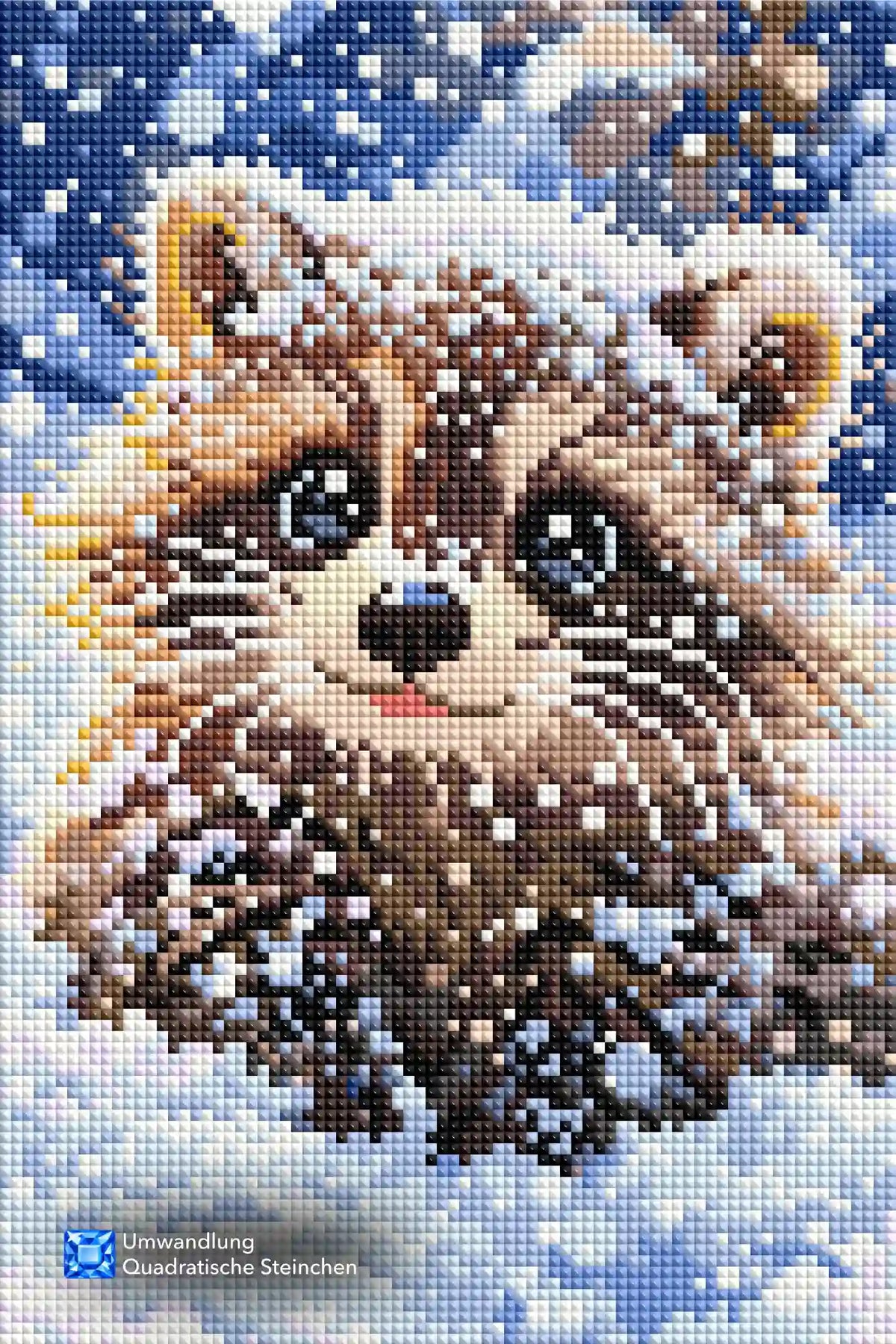 Diamond Painting Set eines niedlichen Waschbären im Winter mit glitzernden Kristallen in einer verschneiten Landschaft.