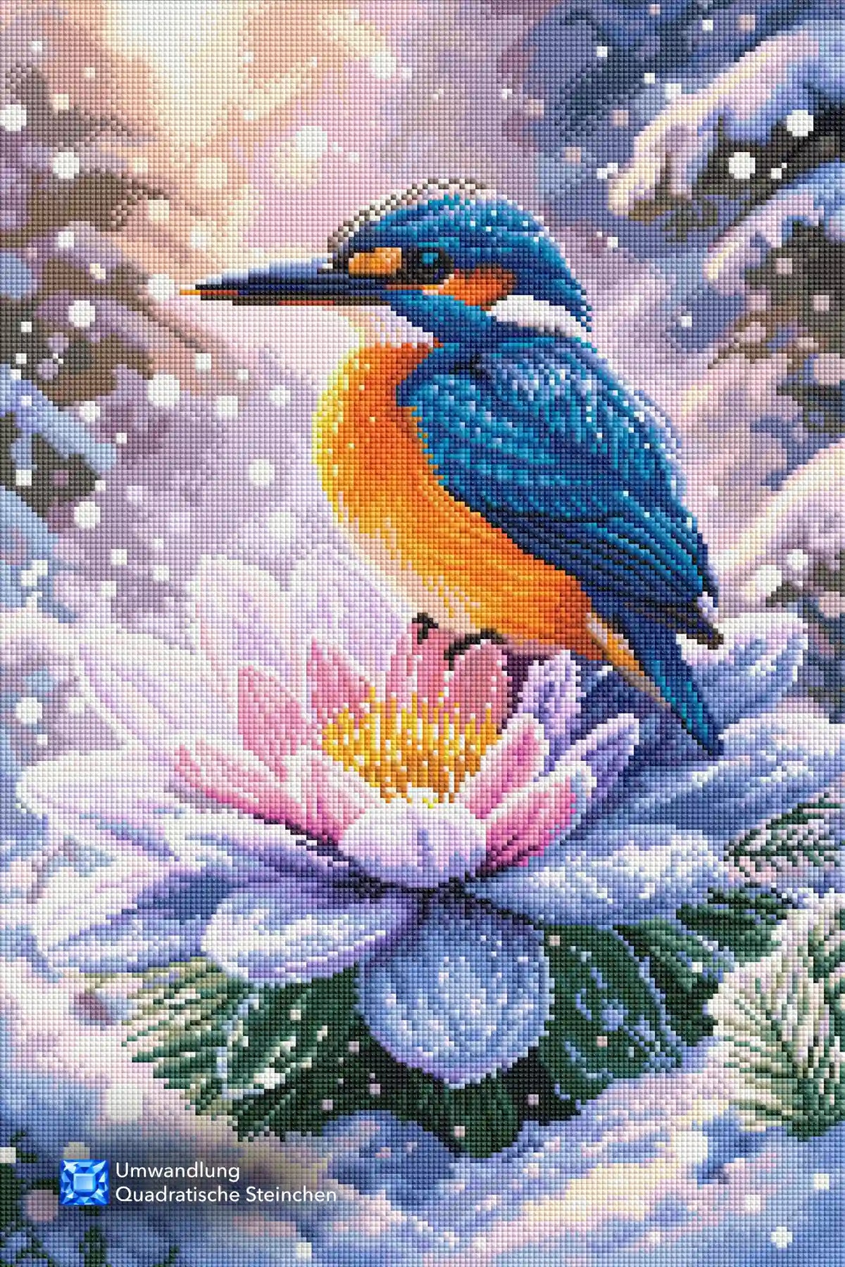 Diamond Painting Motiv mit blau-orangefarbenem Eisvogel auf einer gefrorenen Blüte im Schnee