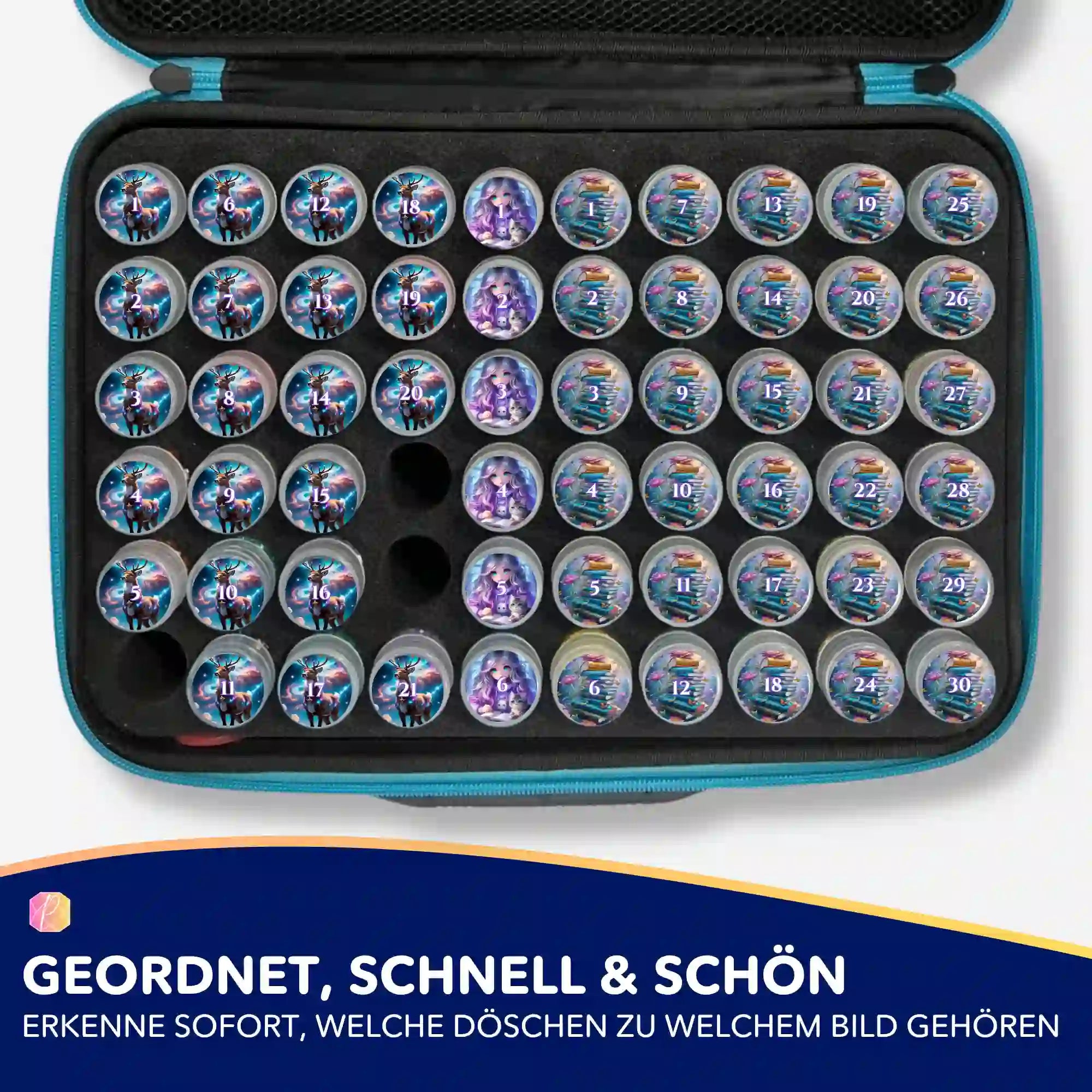 Diamond Painting Zubehör: Döschenaufkleber mit Sommermotiven zur organisierten Sortierung der Diamanten-Steinfarben im Koffer.