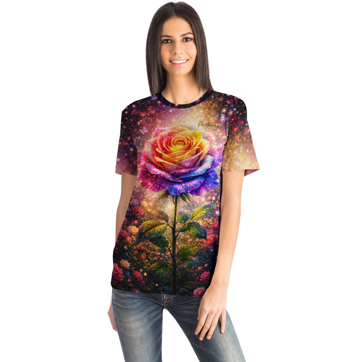 Frau trägt Dreamer T-Shirt mit buntem, glitzerndem Rosen-Motiv im Stil von Diamond Painting und Malen nach Zahlen