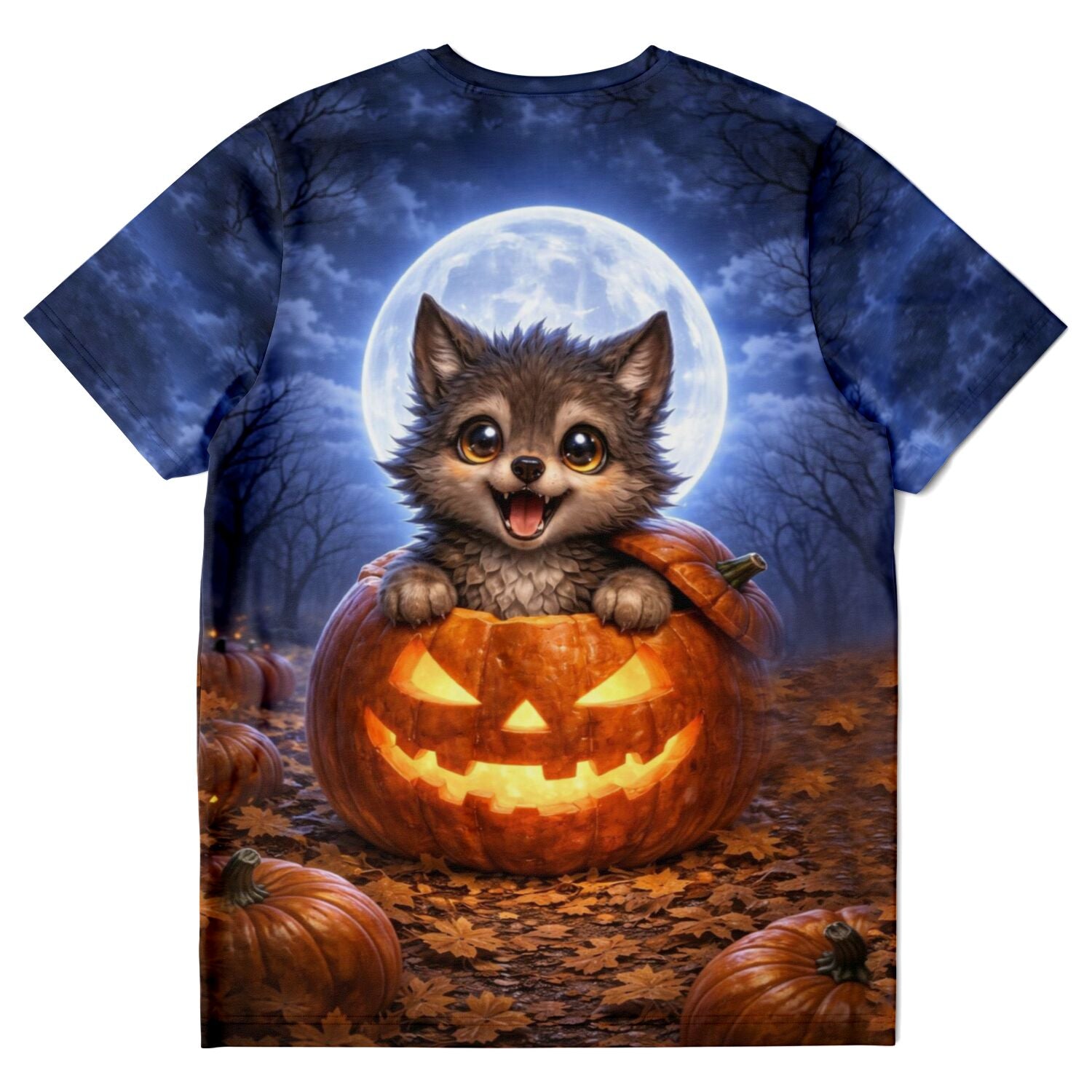 T-Shirt mit süßem Mondwolf in leuchtendem Kürbis vor Vollmond, im Stil unserer beliebten Diamond Painting Motive