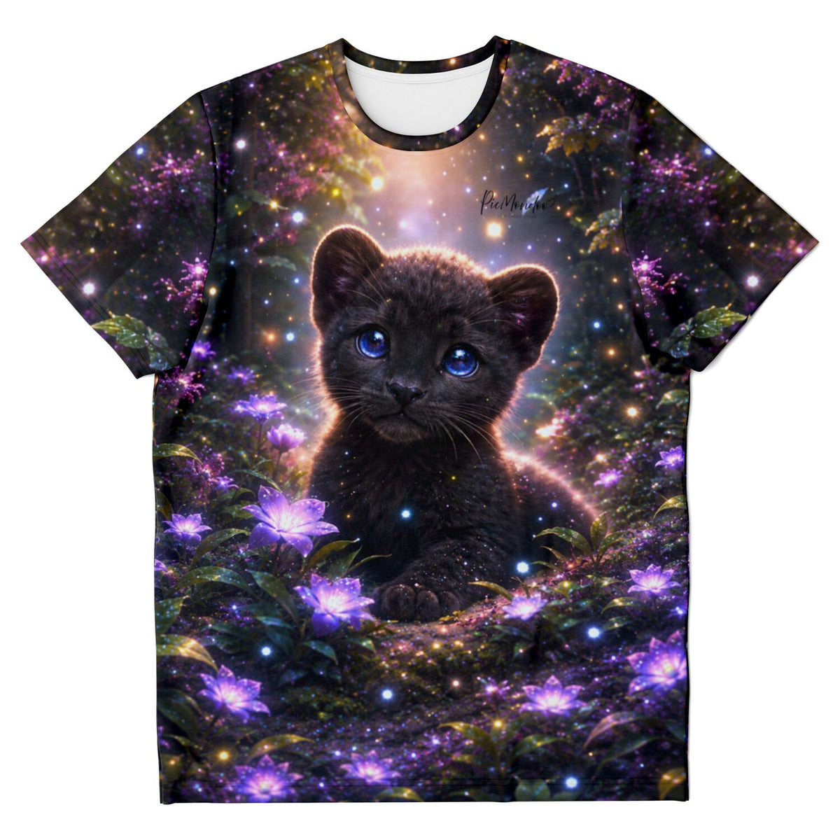 T-Shirt mit süßem schwarzen Panther-Baby im leuchtenden Blumenwald, inspiriert von magischen Diamond Painting Motiven.