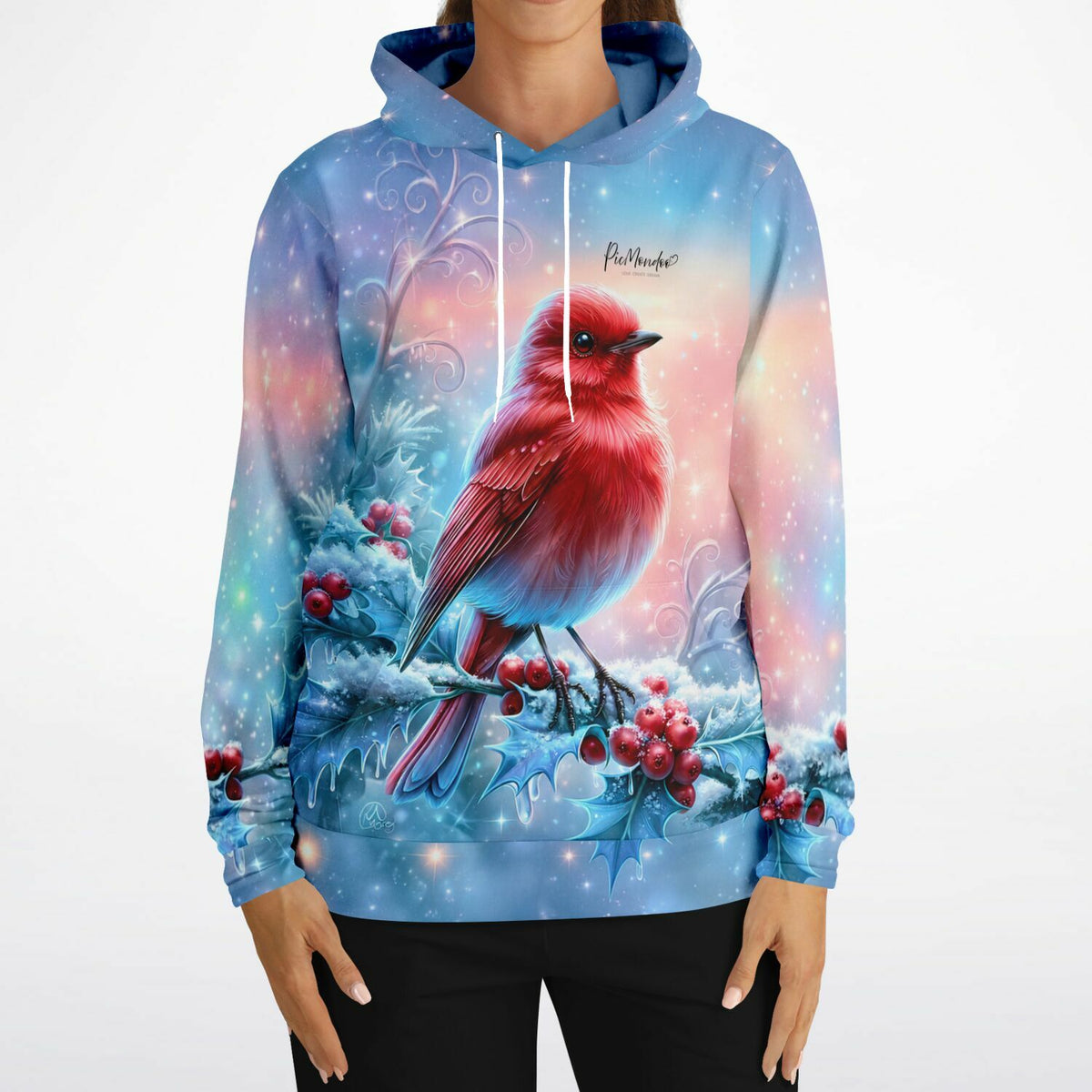 Dreamer Hoodie mit Feuerherz Motiv: Roter Vogel auf verschneitem Zweig im winterlichen Design von Picmondoo.