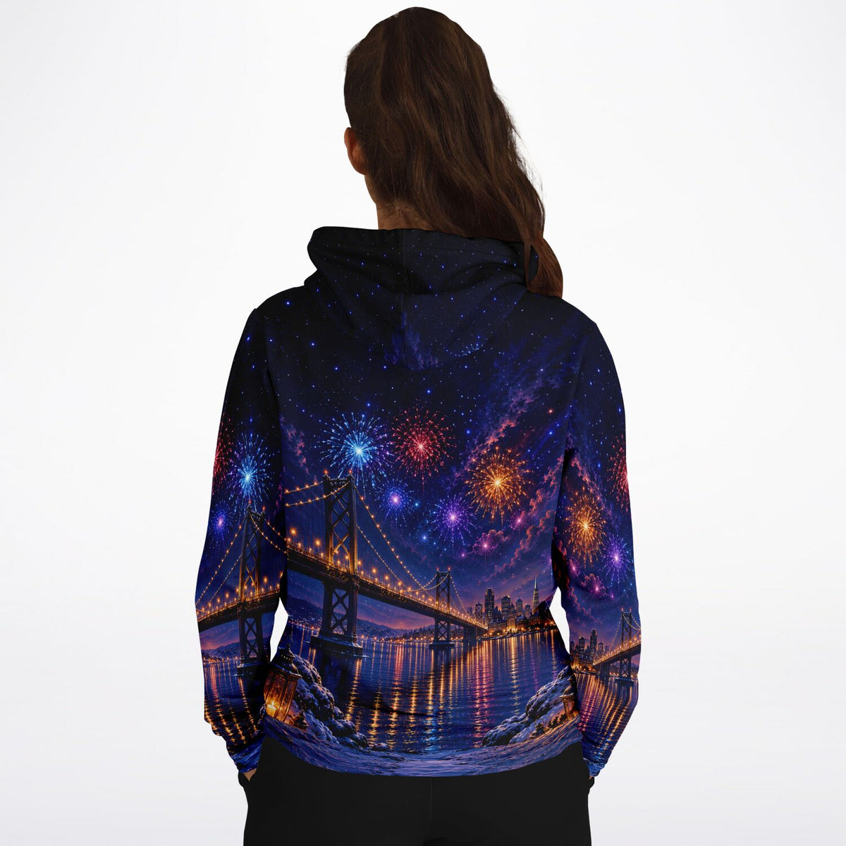 Dreamer Hoodie mit Skyline-Motiv, Brücke und Feuerwerk im Stil unserer Diamond Painting und Malen nach Zahlen Kunstwerke