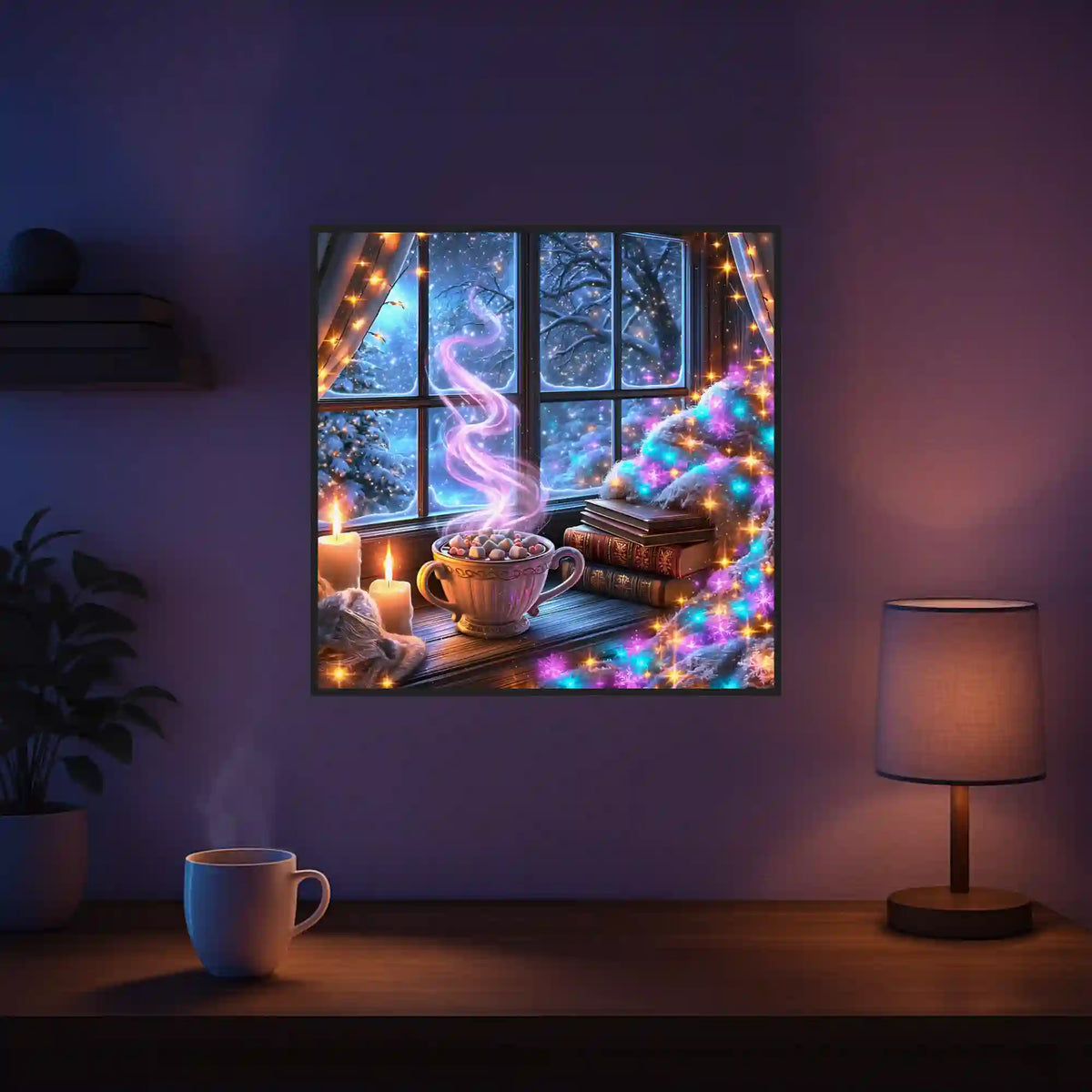Diamond Painting Set Weihnachtszauber: Gemütliche Winterlandschaft mit Kakao, Kerzen und Lichterkette am verschneiten Fenster