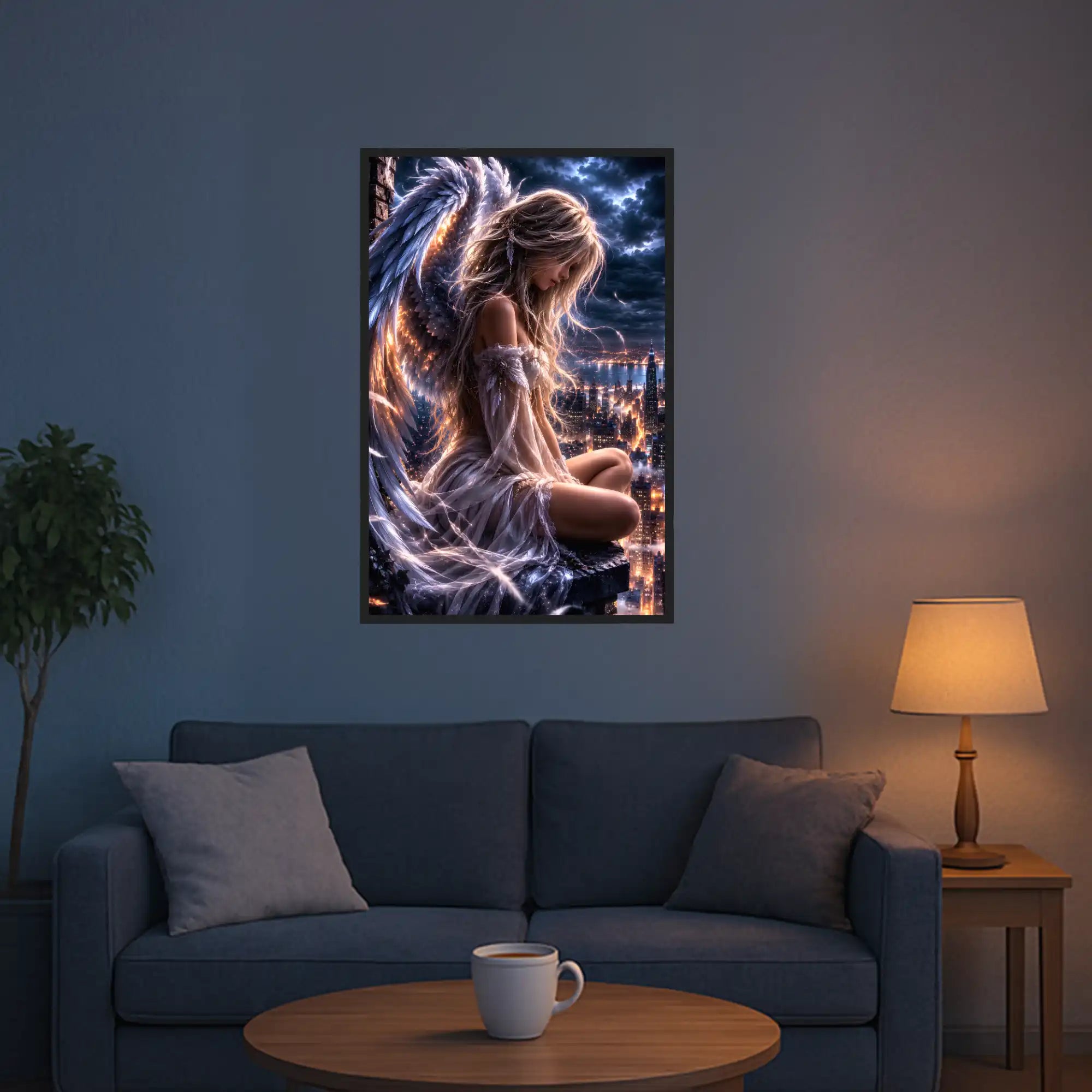 Diamond Painting Set mit Fantasy Engel Motiv, sitzendes Mädchen mit Engelsflügeln über einer nächtlichen Stadtlandschaft