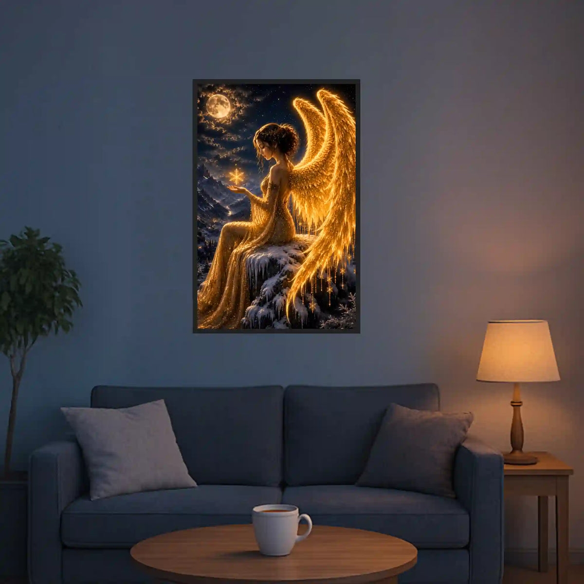Diamond Painting Set mit Fantasy-Engel Motiv in winterlicher Nachtlandschaft mit leuchtenden goldenen Flügeln
