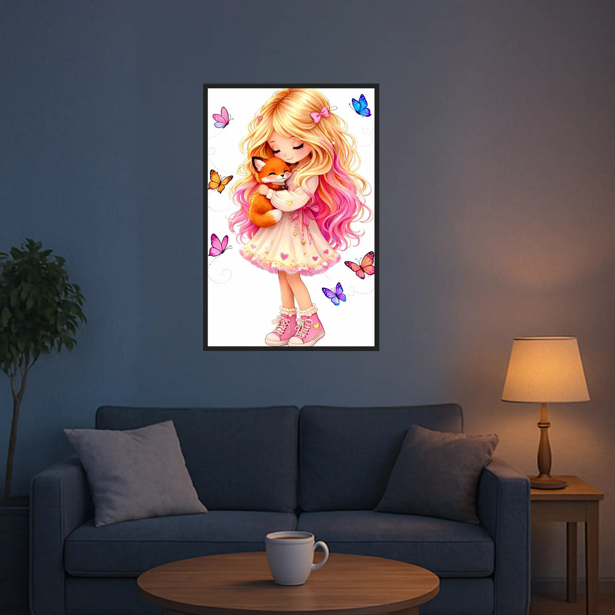 Diamond Painting Set Geborgenheit: Niedliches Mädchen mit rosa Haaren und Fuchs umgeben von bunten Schmetterlingen.
