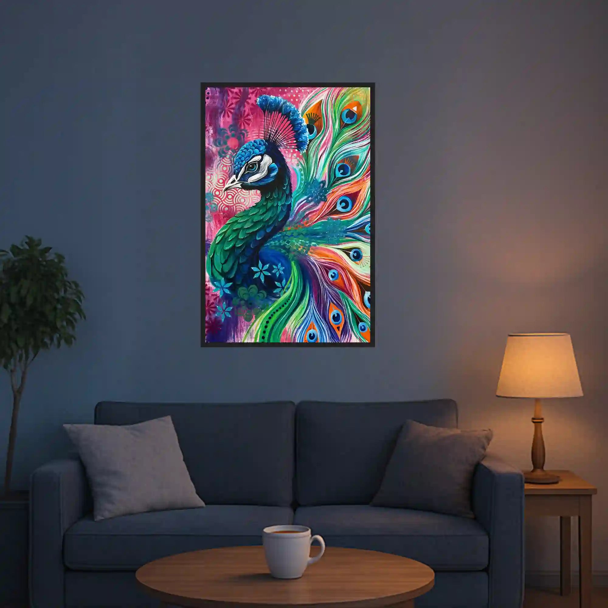 Diamond Painting Set Pfau mit buntem Federkleid an einer Wohnzimmerwand als stilvolles Wandbild für Tier-Fans