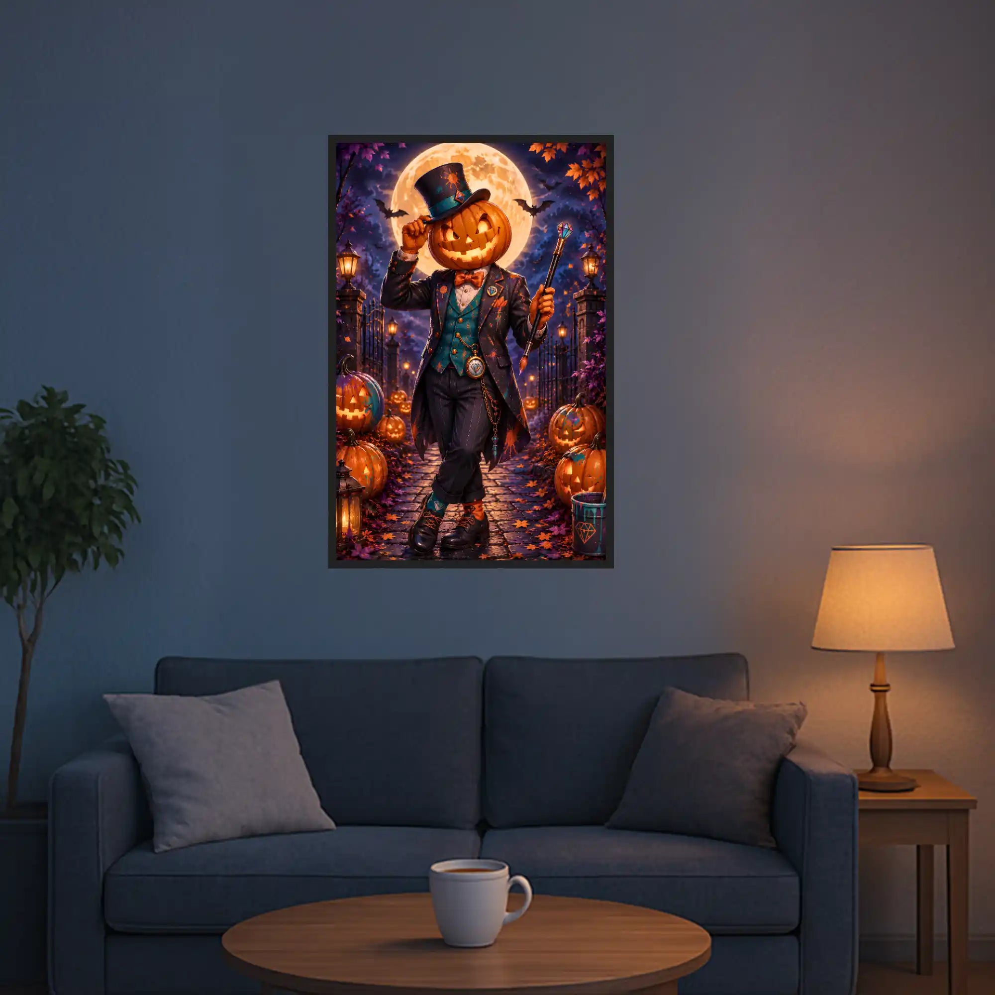 Diamond Painting Set Herbstnacht mit Kürbis-Gentleman vor Vollmond in einer stimmungsvollen Halloween-Landschaft