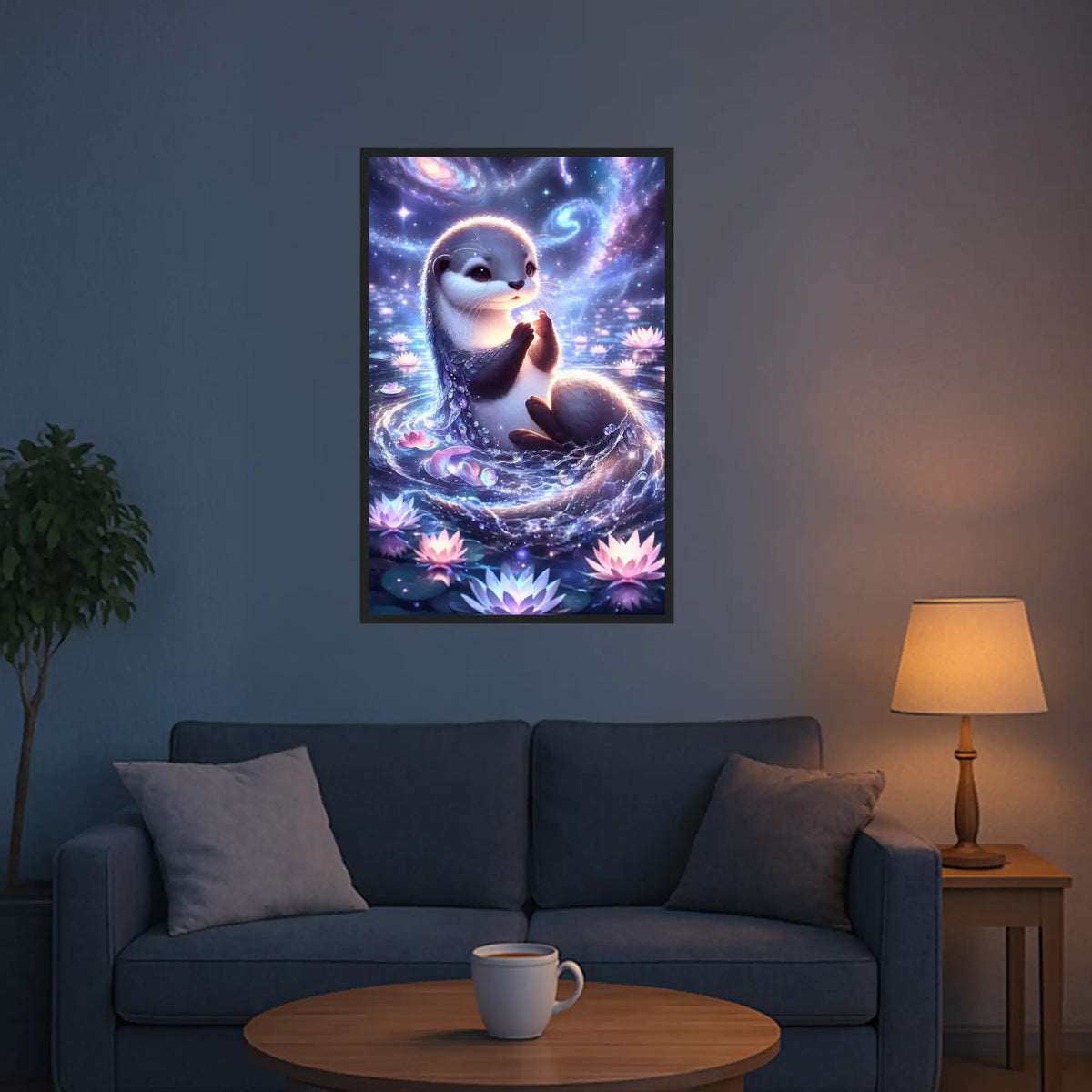 Fertiges Diamond Painting Hüterin der Sterne mit süßem Otter, leuchtender Galaxie und rosa Lotusblüten im Wasser.