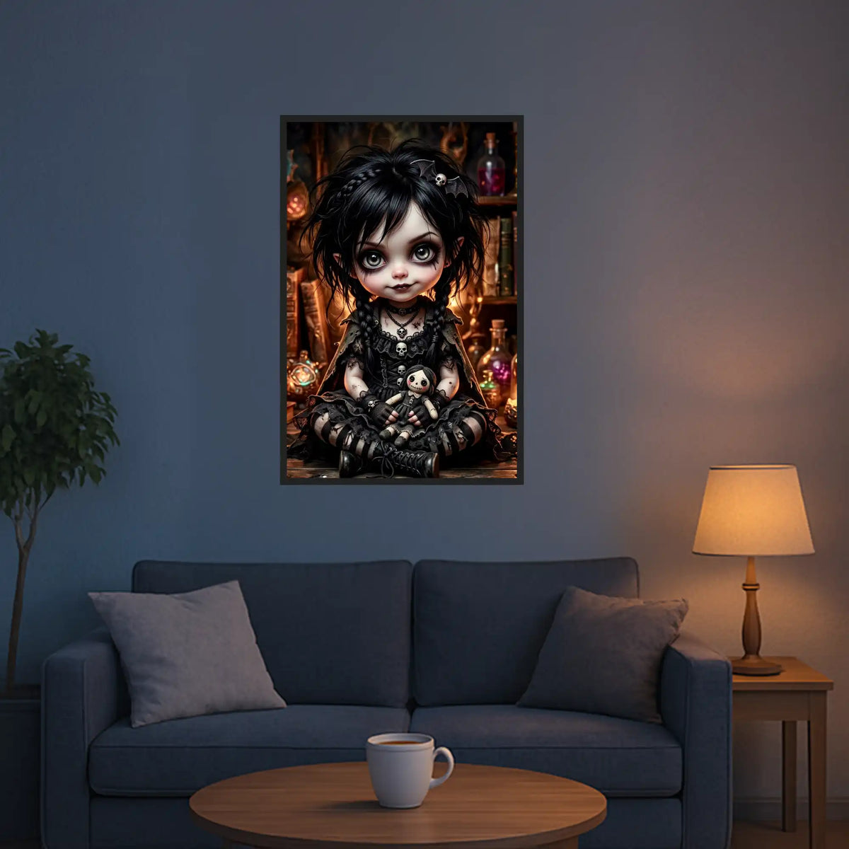 Diamond Painting Set Little Mistelchen: Fantasy Mädchen im Gothic-Stil mit Puppe in einem magischen Hexenzimmer.
