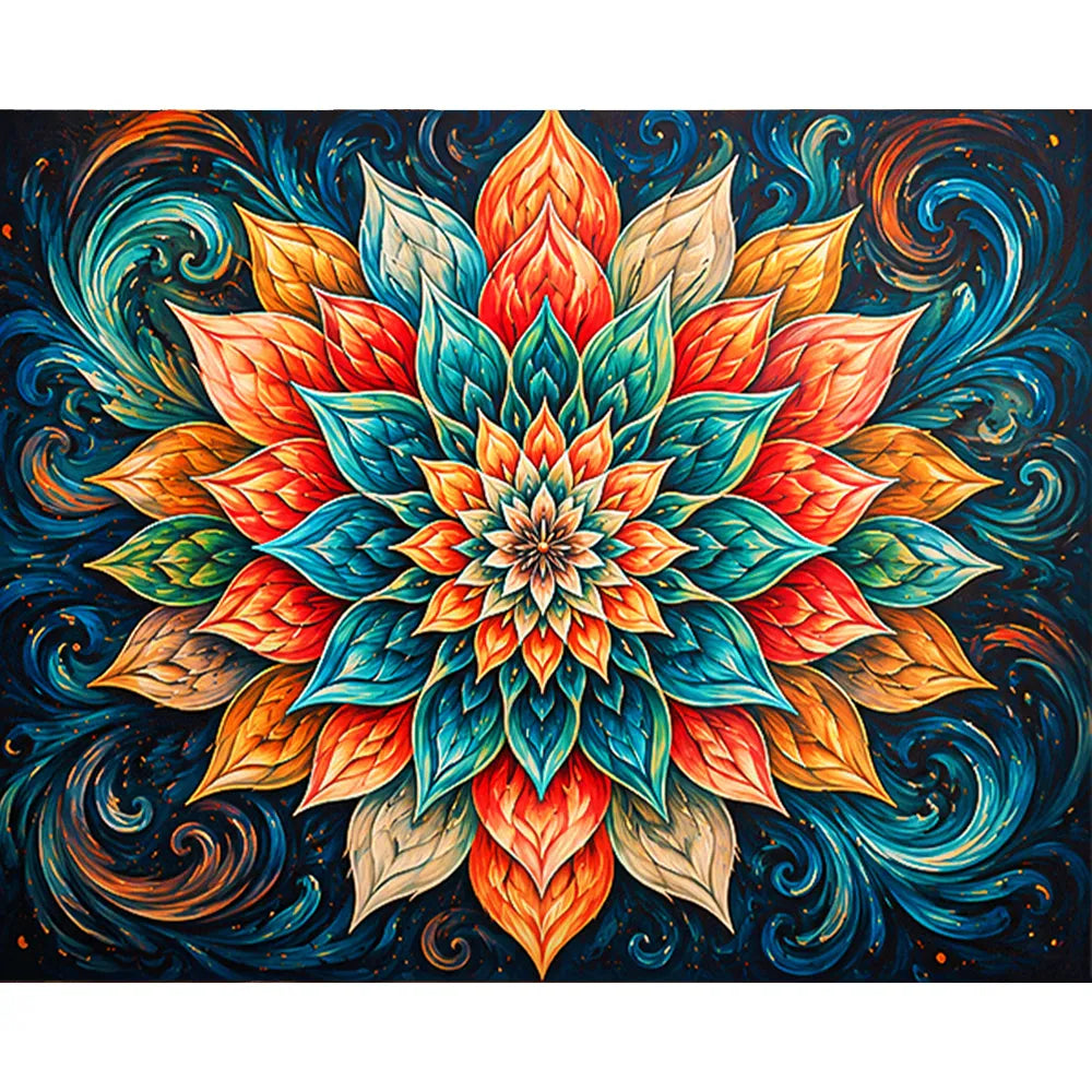 Malen nach Zahlen für Erwachsene mit Blumen-Mandala in leuchtenden Orange-, Rot- und Türkistönen auf dunklem Hintergrund