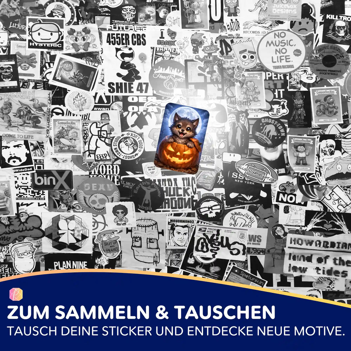 Bunter Sticker Der jüngste der Mondwölfe im Kürbis vor einer Collage aus schwarz-weißen Stickern für Diamond Painting Fans