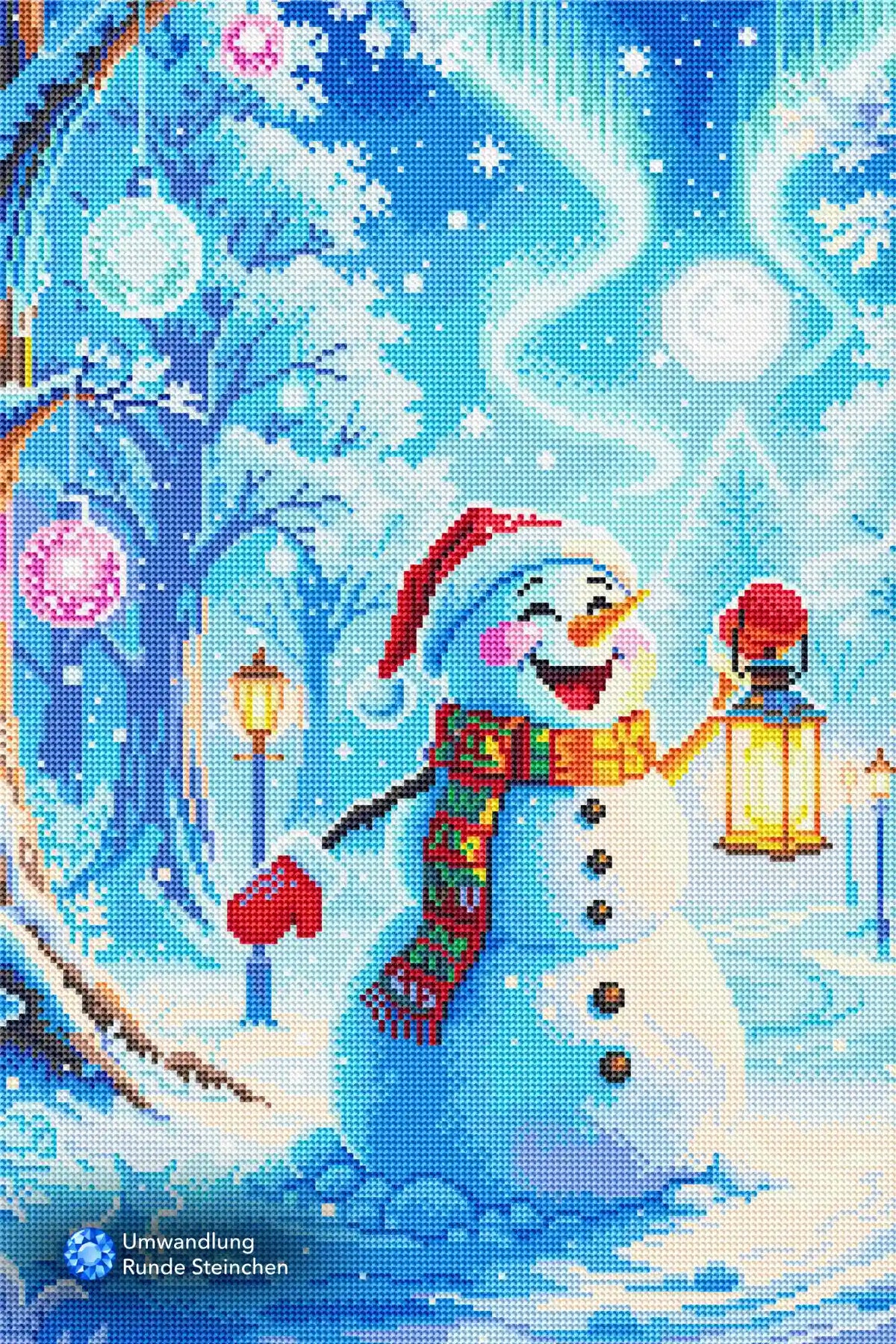 Diamond Painting Schneemann mit Laterne und Weihnachtsmütze im verschneiten Winterwald